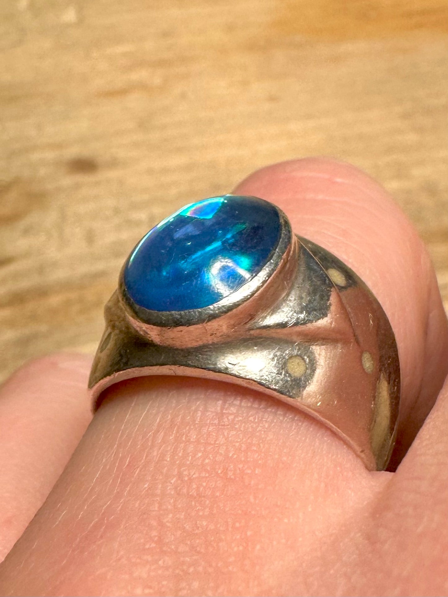 Vintage Blue Oval Chunky 925 Silver Size R Ring