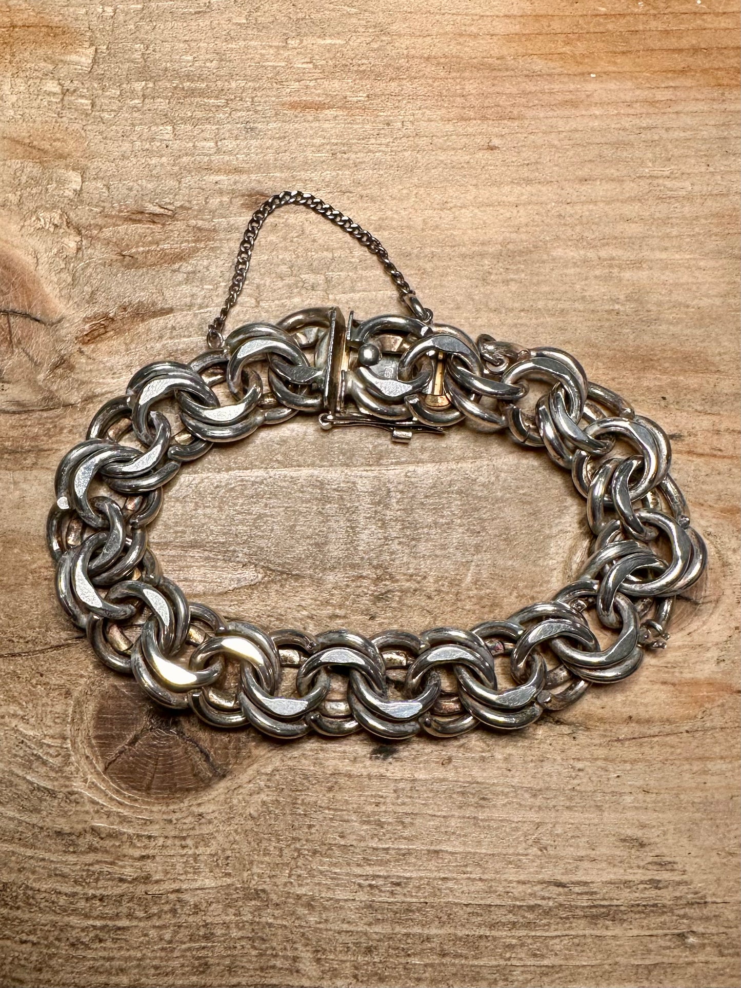 Vintage Double Unique Link 1973 Box Clasp with Safety Chain 925 Silver 7.5 inch Bracelet