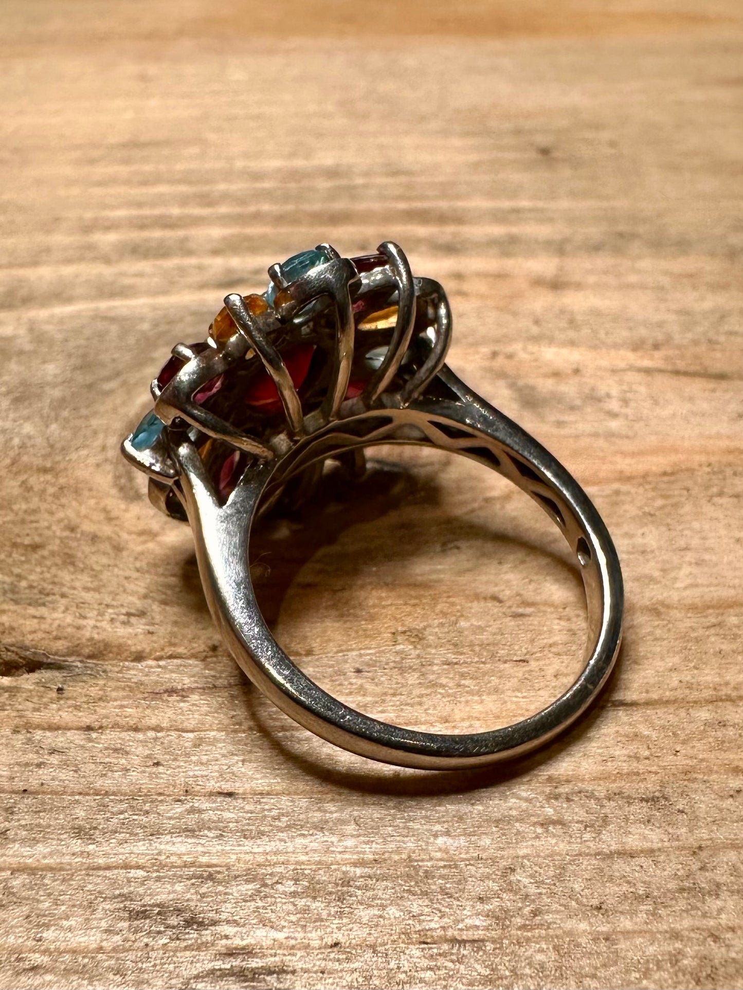 Modernist Multi Coloured Flower 925 Silver Size P Ring