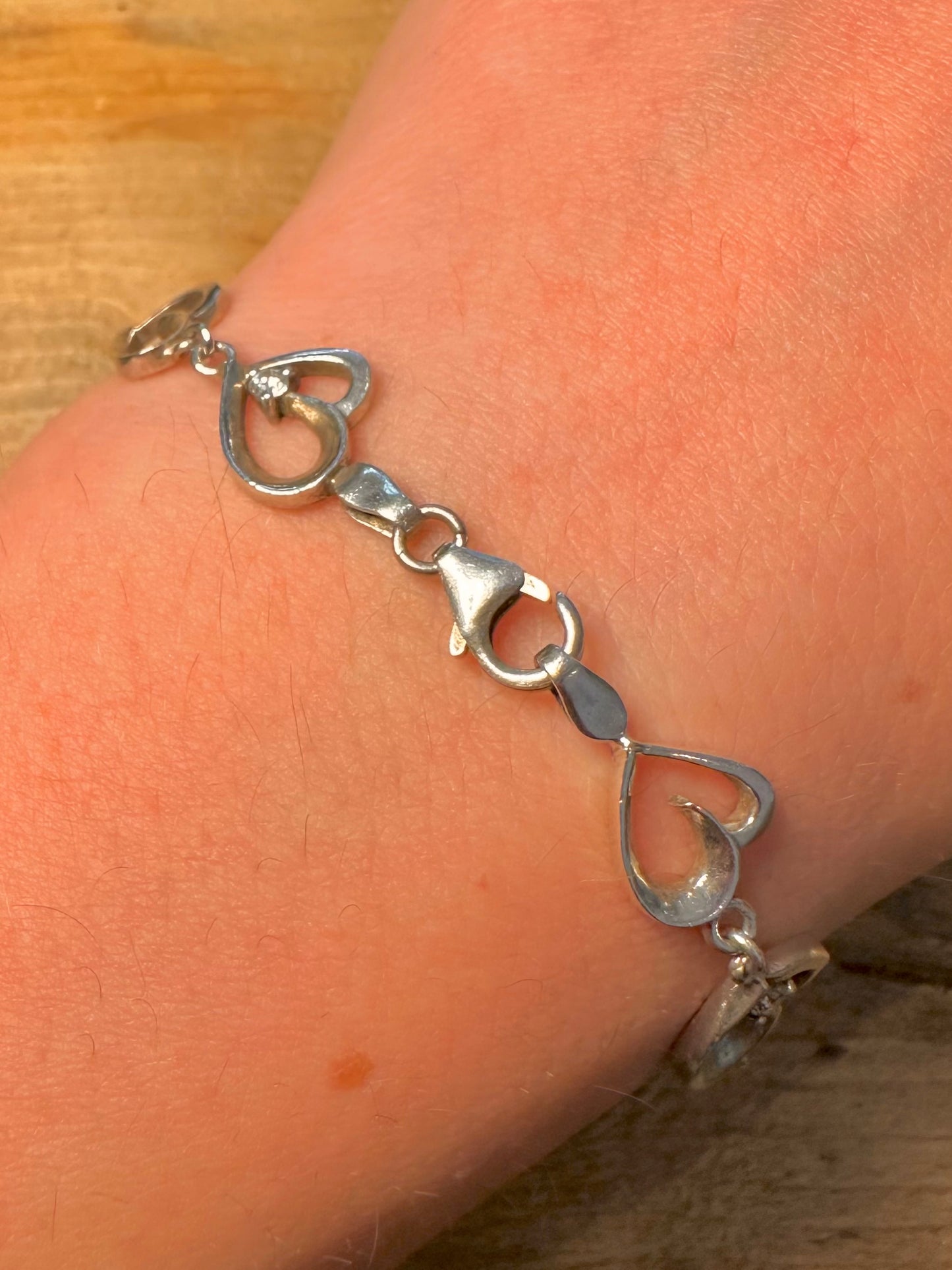 Vintage Heart CZ Stone 925 Silver 7 inch Bracelet