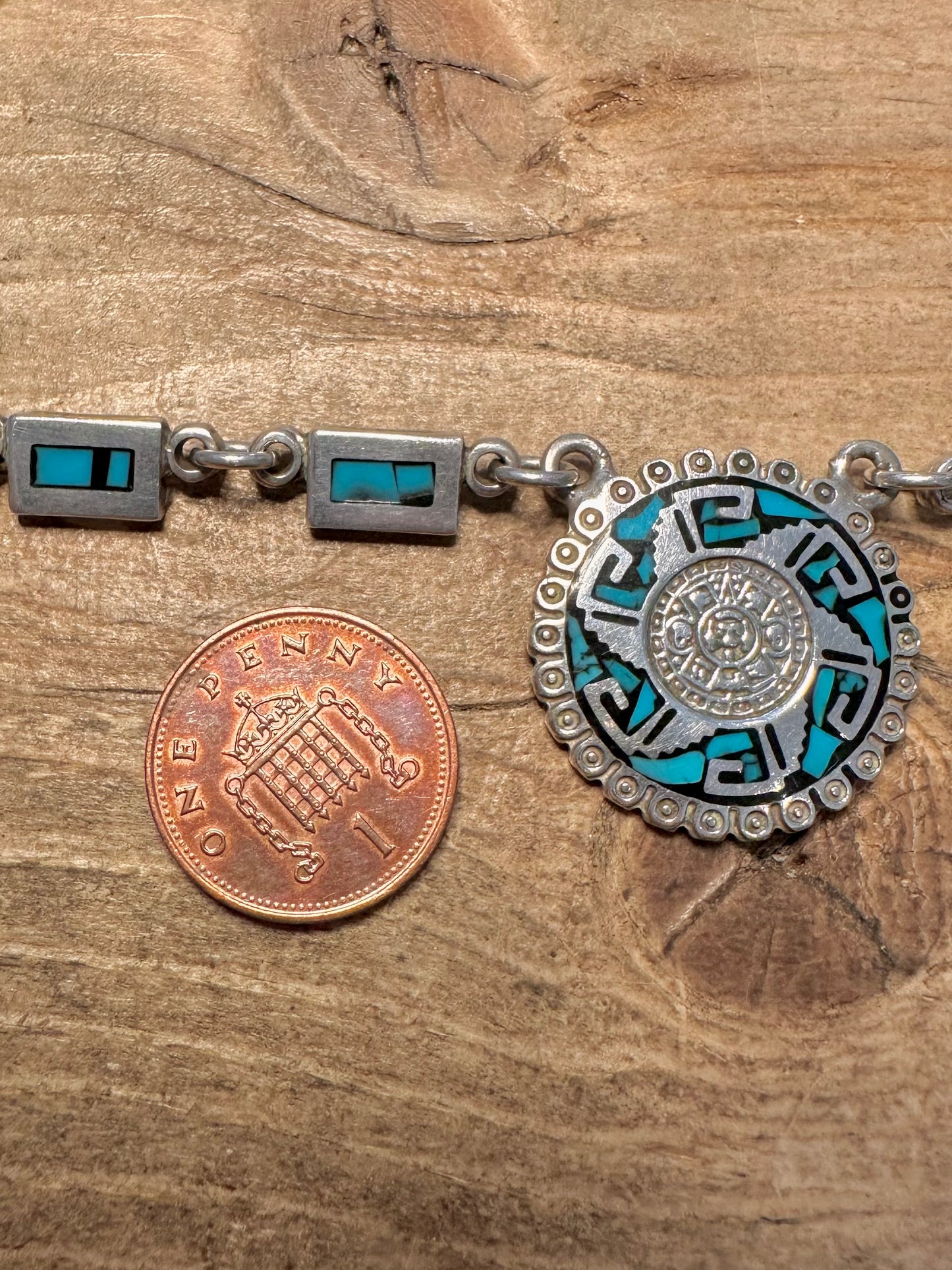 Vintage Taxco Aztec Calendar Turquoise Inlay 925 Silver 14.3 inch Necklace