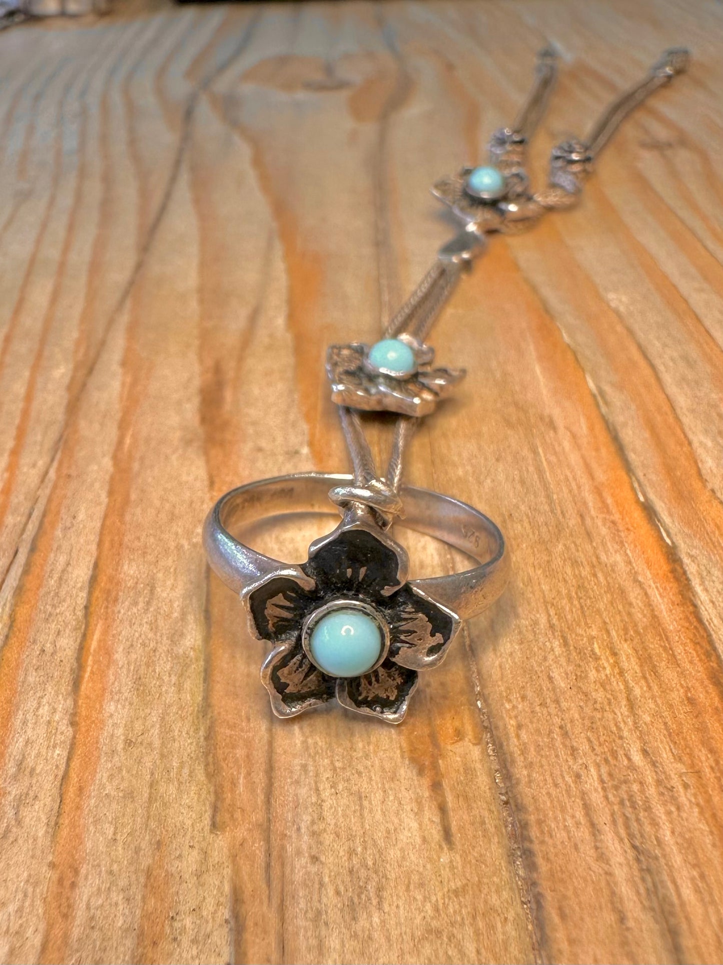 Vintage Flower Chain Blue Stone 925 Sterling Silver Size P 7 inch Ring Bracelet