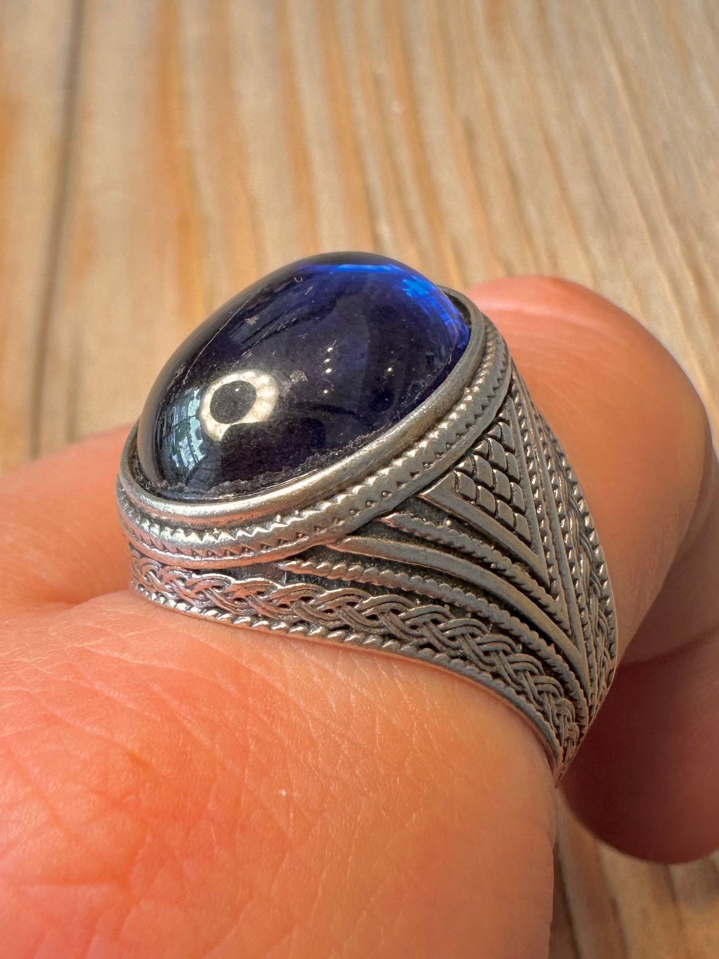 Vintage Large Blue Stone Signet Tribal 925 Sterling Silver Size Z Ring
