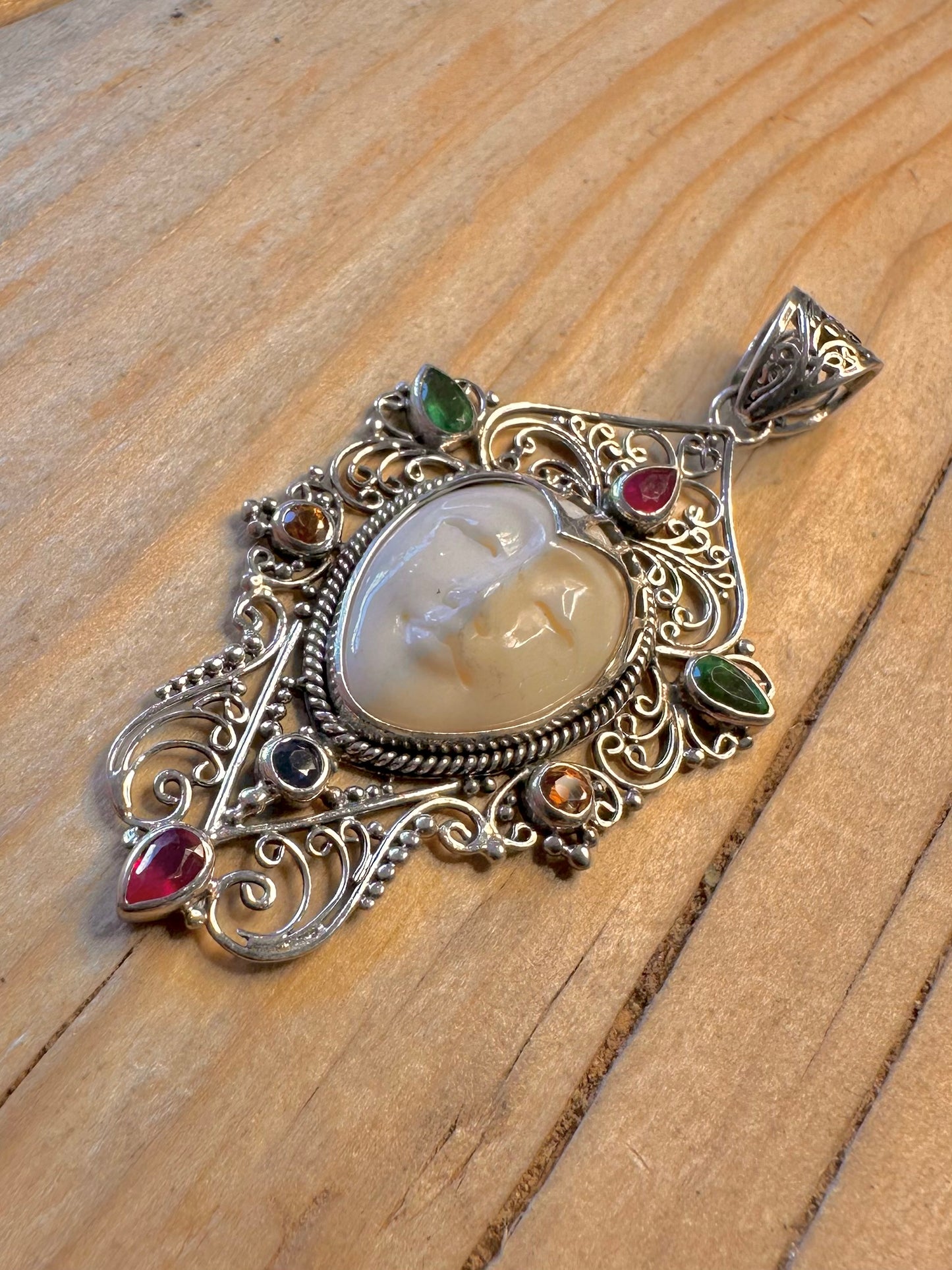 Vintage Women Face Multi Gemstone 925 Silver Pendant