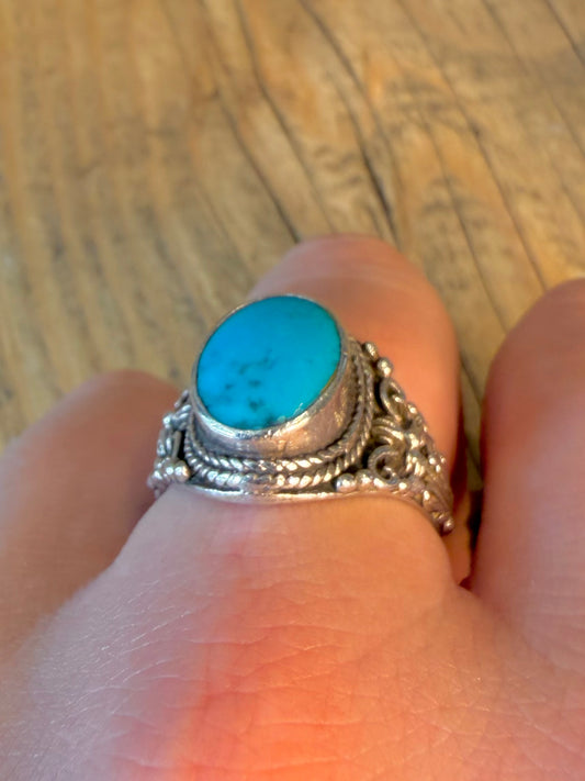 Turquoise Signet Ornate Design 925 Sterling Silver Size V Ring