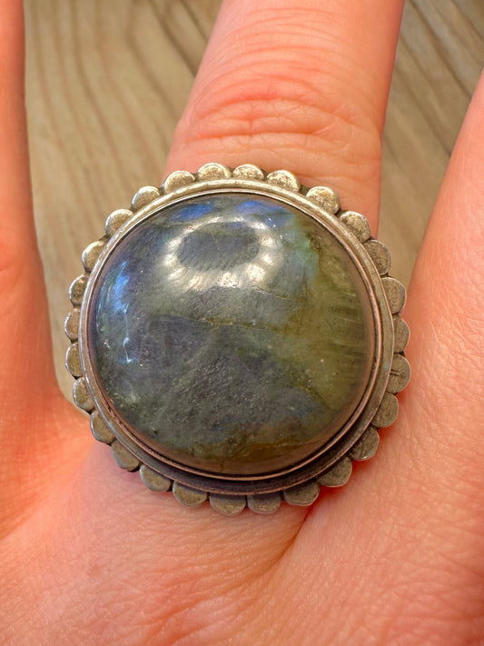 Vintage Labradorite Circle 925 Sterling Silver Size P1/2 Ring