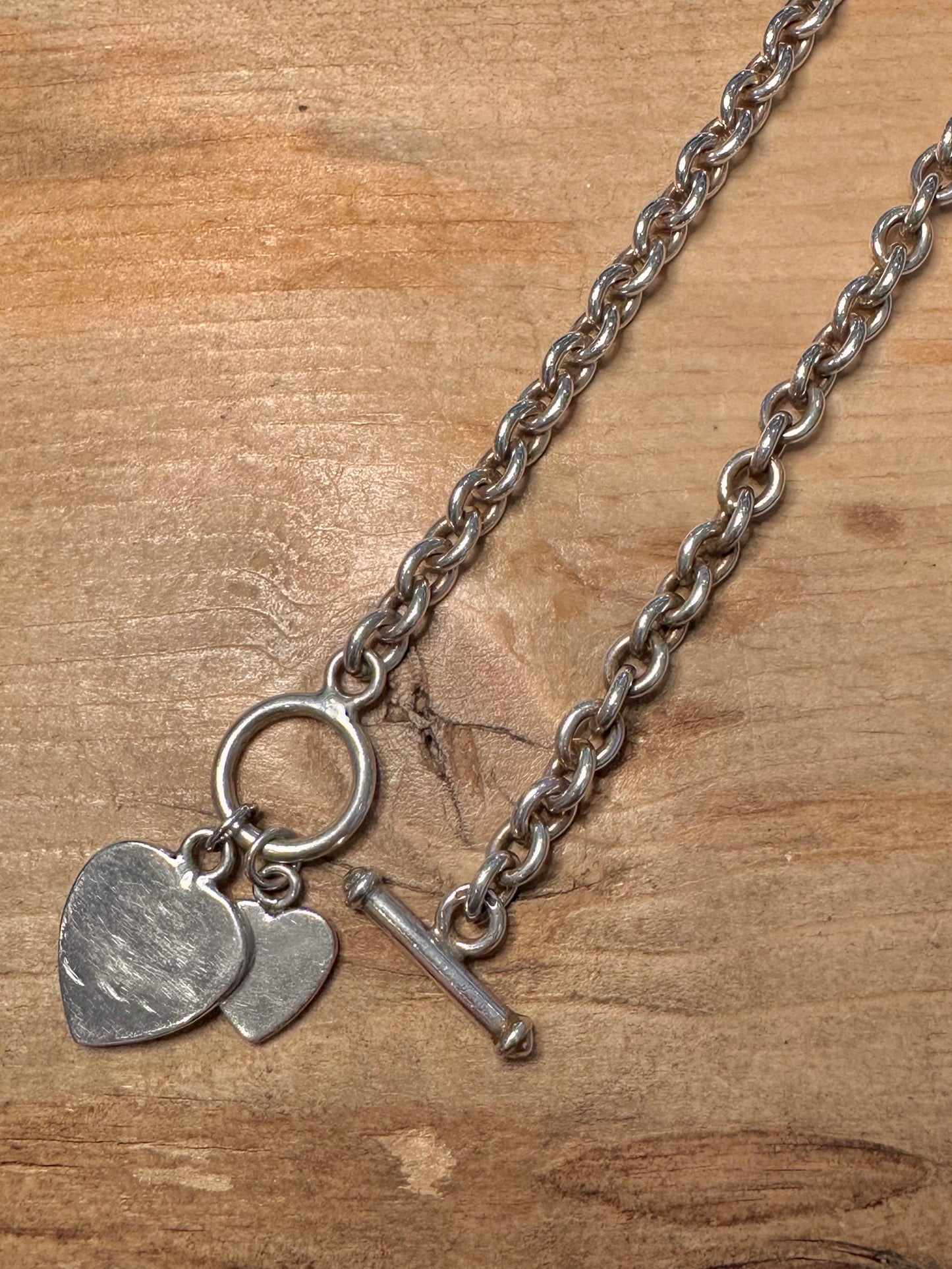 Vintage Belcher Double Heart T Bar Clasp 925 Silver 15.5 inch Necklace