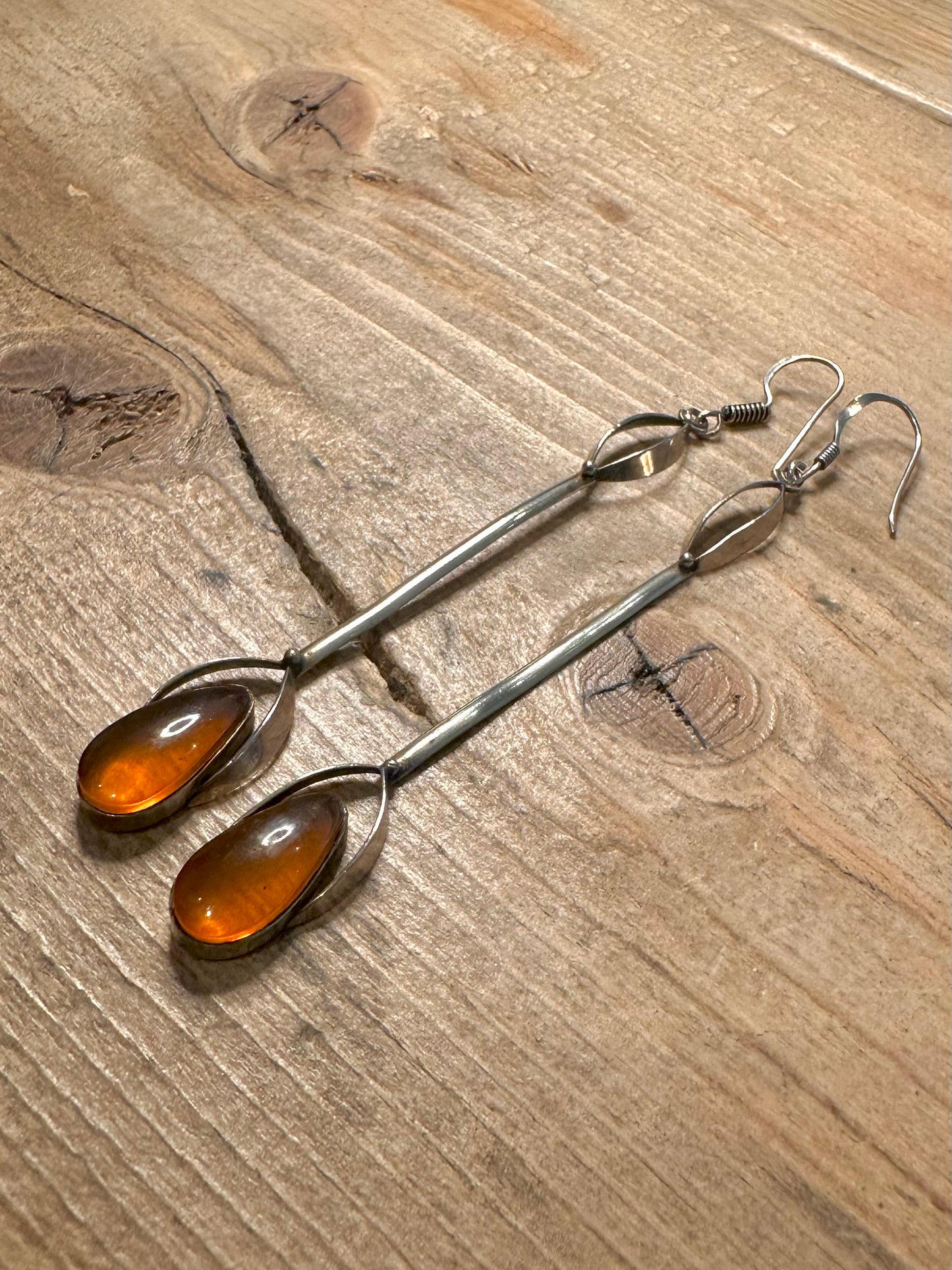 Vintage Long Amber Dangle 925 Silver Earrings