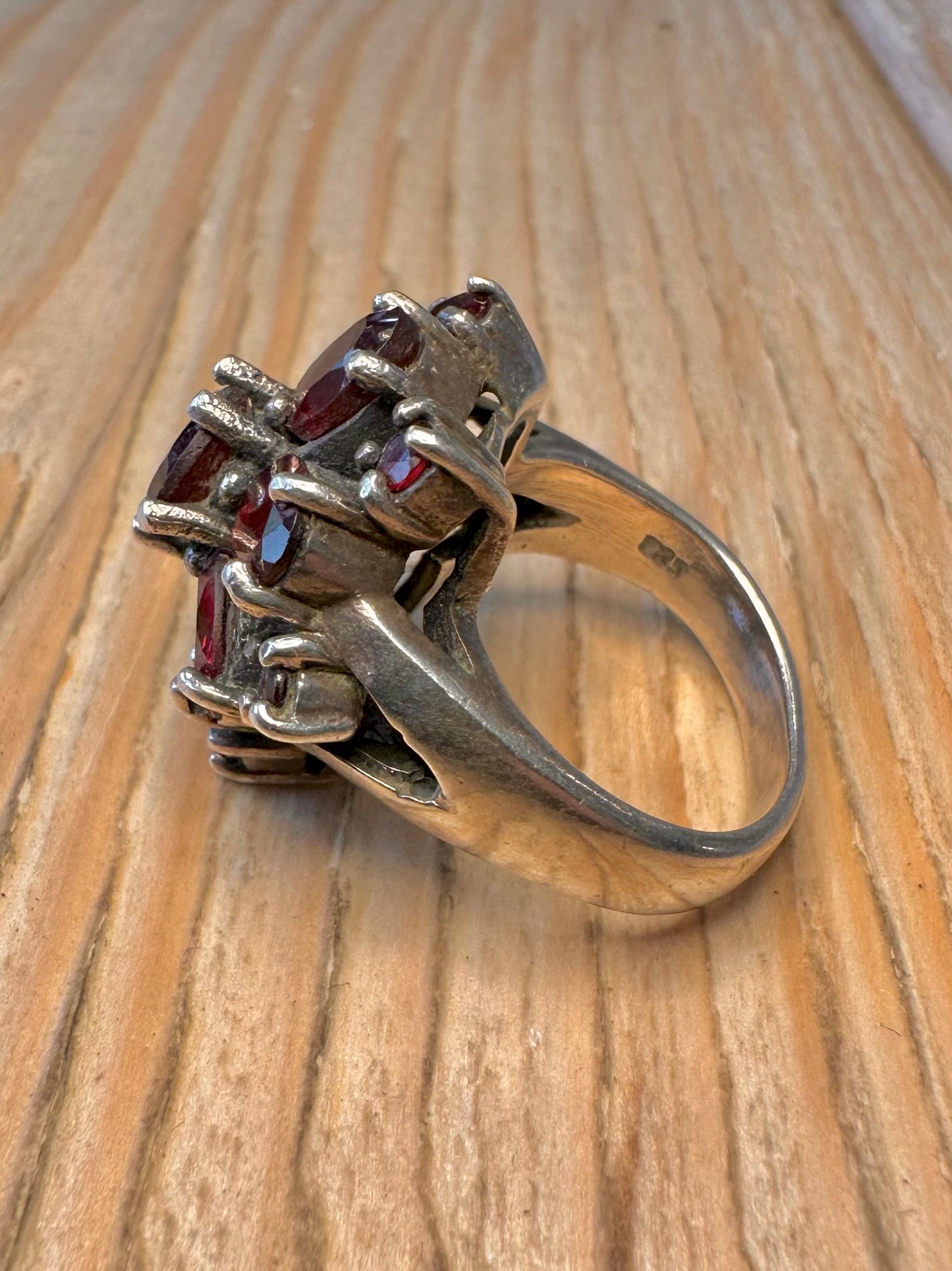 Vintage Red Stone Large Cluster 935 Sterling Silver Size O Ring
