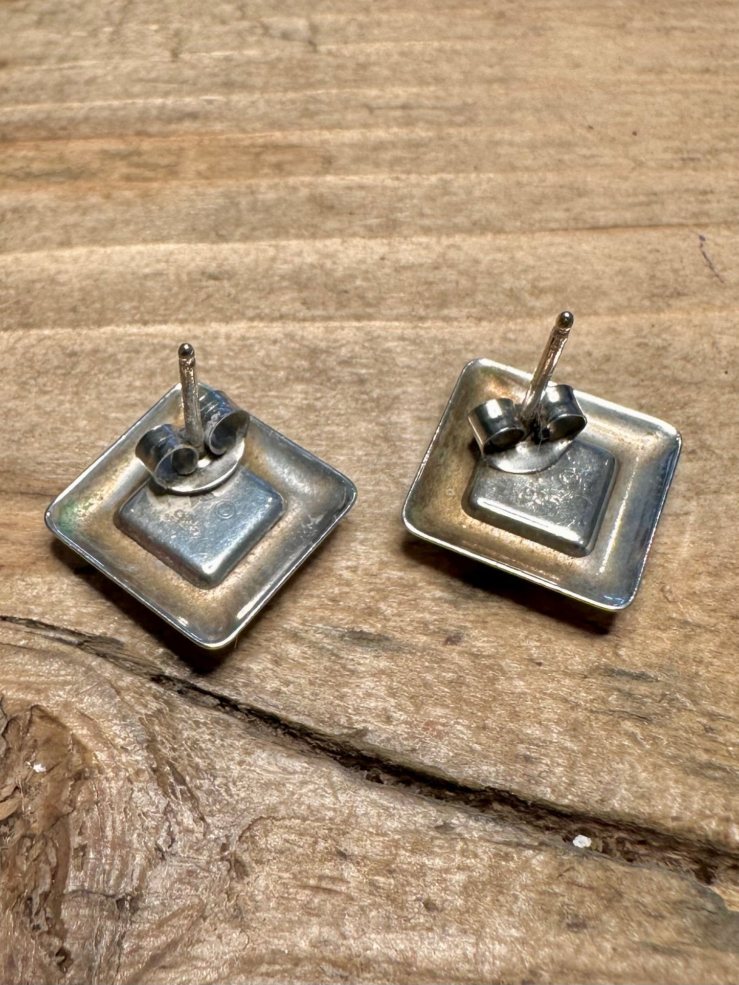 Vintage Polished Turquoise Square 925 Silver Earrings