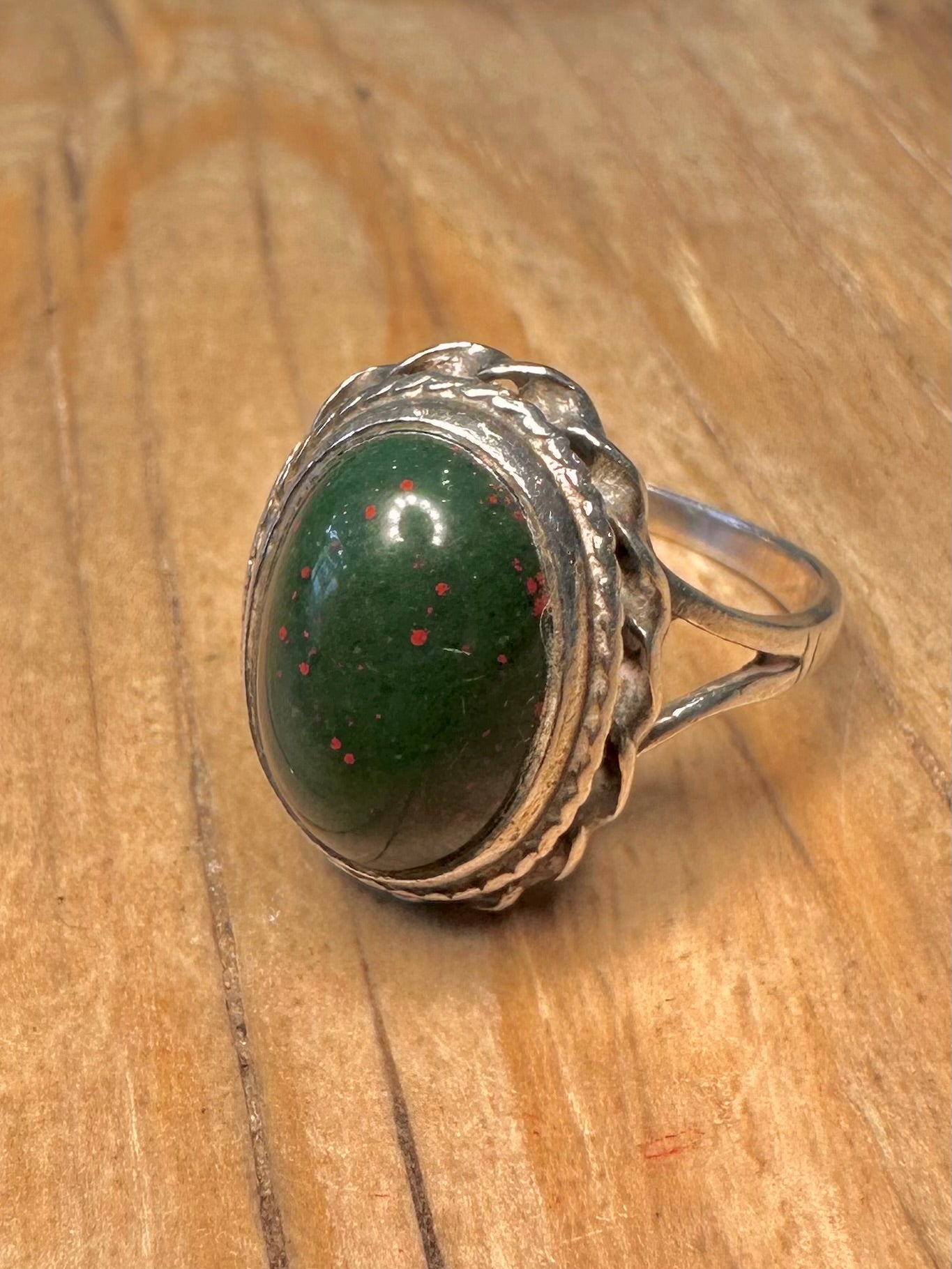 Vintage 1977 Bloodstone 925 Sterling Silver Size O Split on band Ring