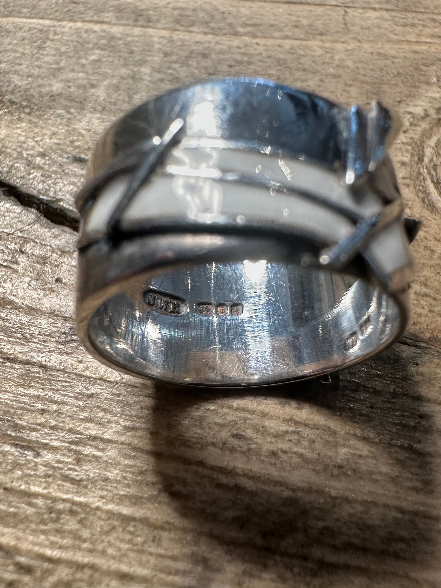 Vintage Abstract 1985 White Enamel 925 Silver Size N Ring