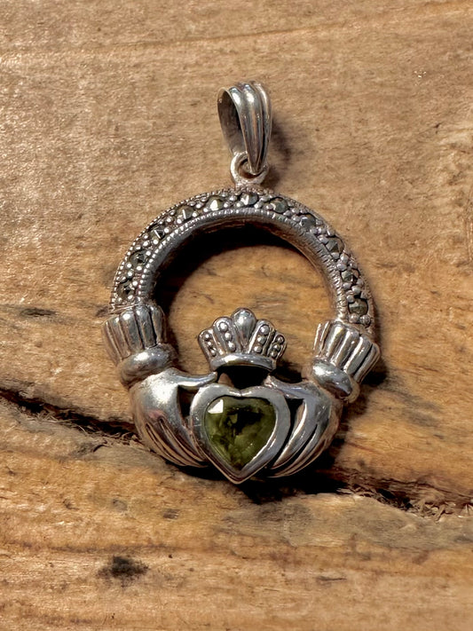 Vintage Claddagh Marcasite Green Stone 925 Silver Pendant