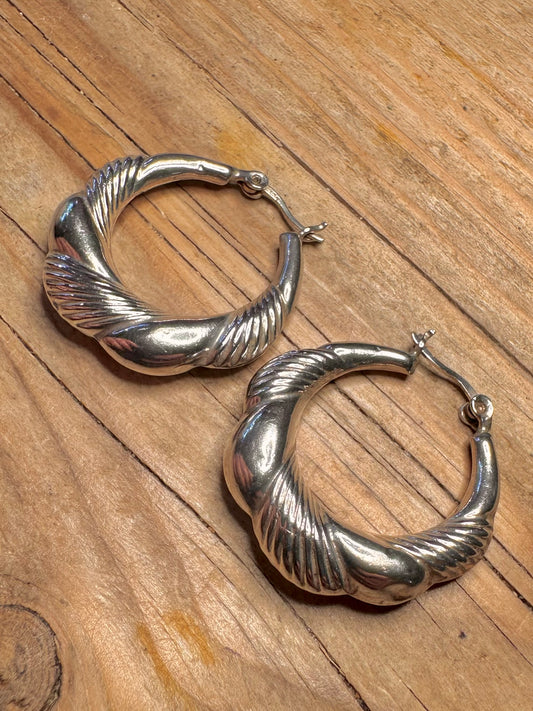 Vintage Textured Chunky Hoops 925 Sterling Silver Earrings