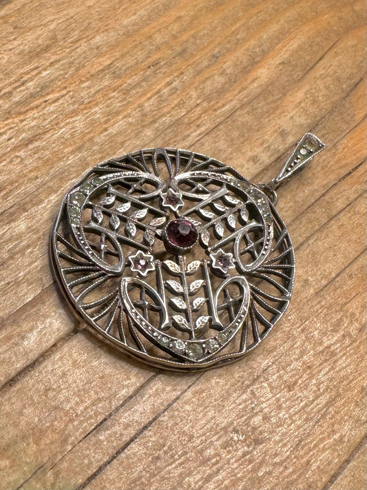 Antique Edwardian Filigree Floral Motif Purple and White Stone 925 Sterling Silver Pendant