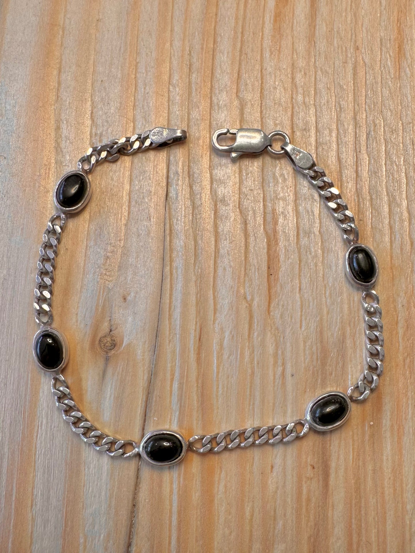 Vintage Black Stone Curb Chain 925 Silver 7.5 inch Bracelet