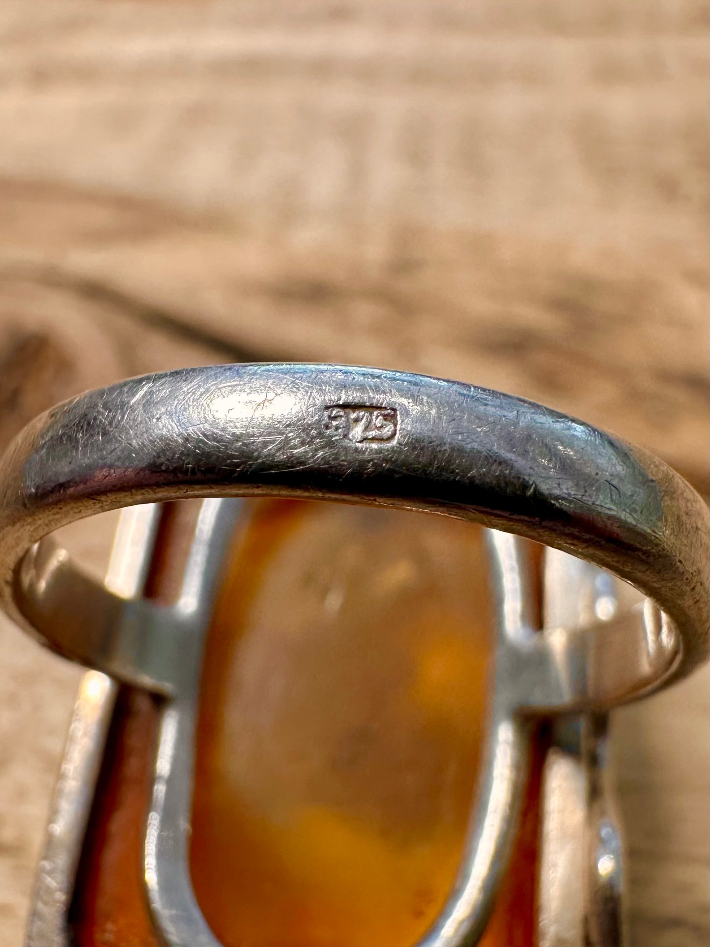 Vintage Large Amber Rectangle 925 Silver Size Q Ring