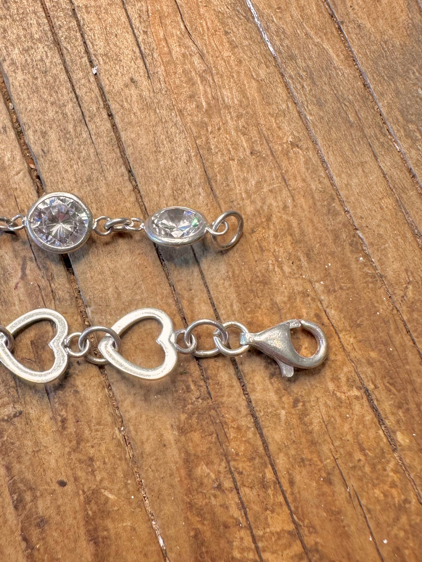 Heart Link CZ Stone 925 Sterling Silver 7.2 inch Bracelet