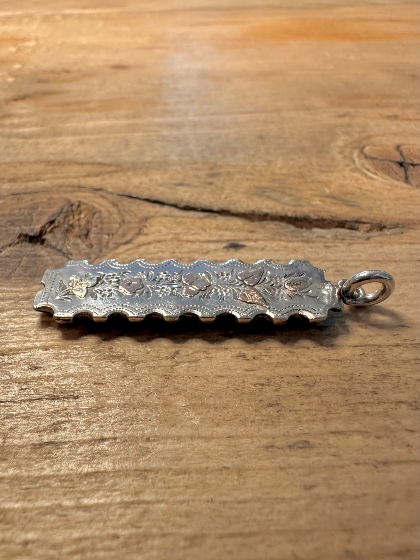 Antique 1893 Floral Engraved Gold on 925 Silver Chester Pendant