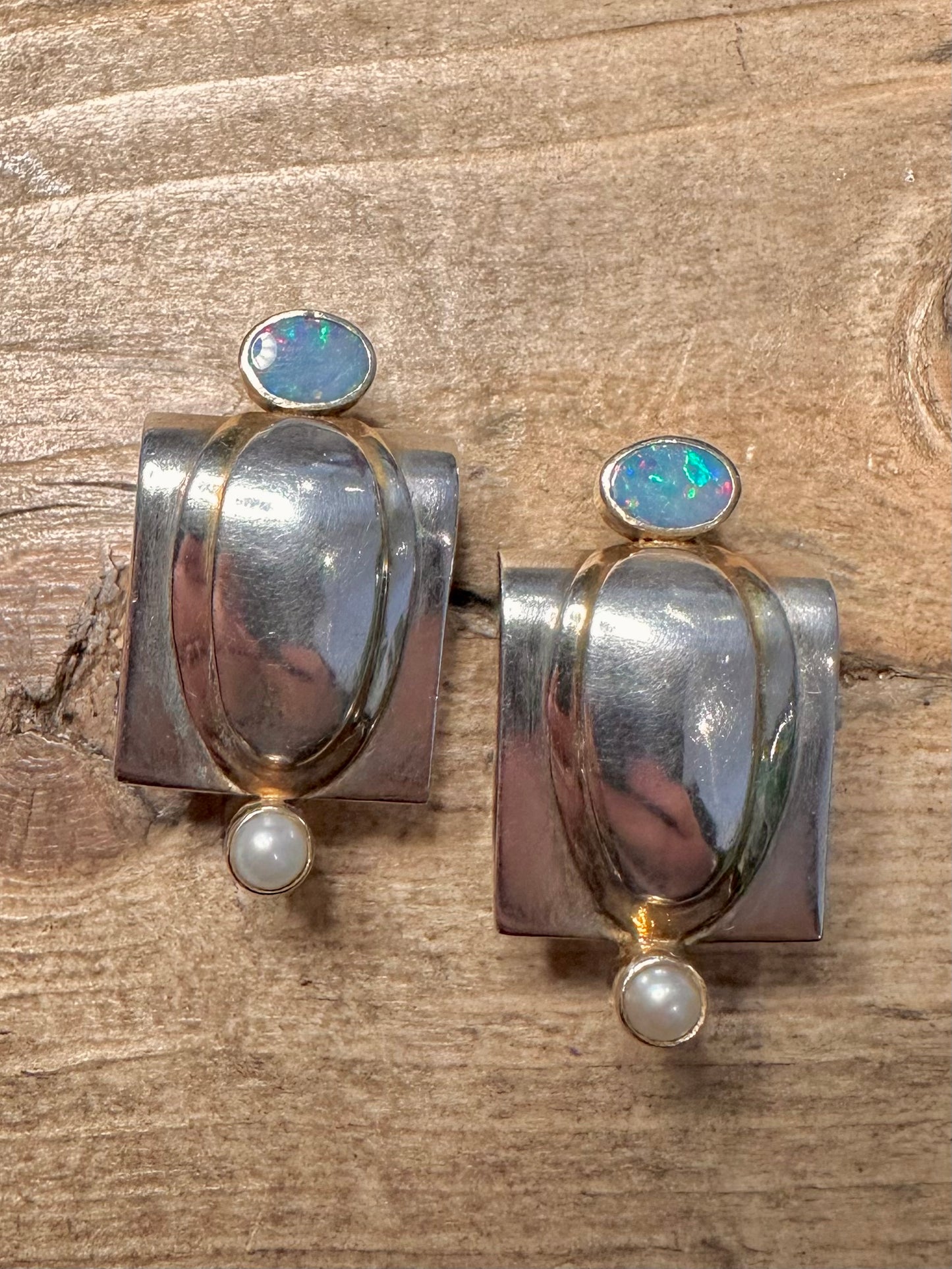 Abstract Opal and Pearl Chunky Studs 925 Silver Earrings