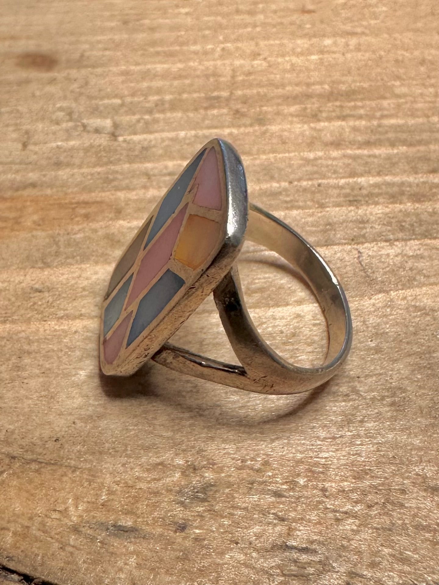 Abstract Coloured Mother of Pearl Rectangle 925 Silver Size K1/2 Ring