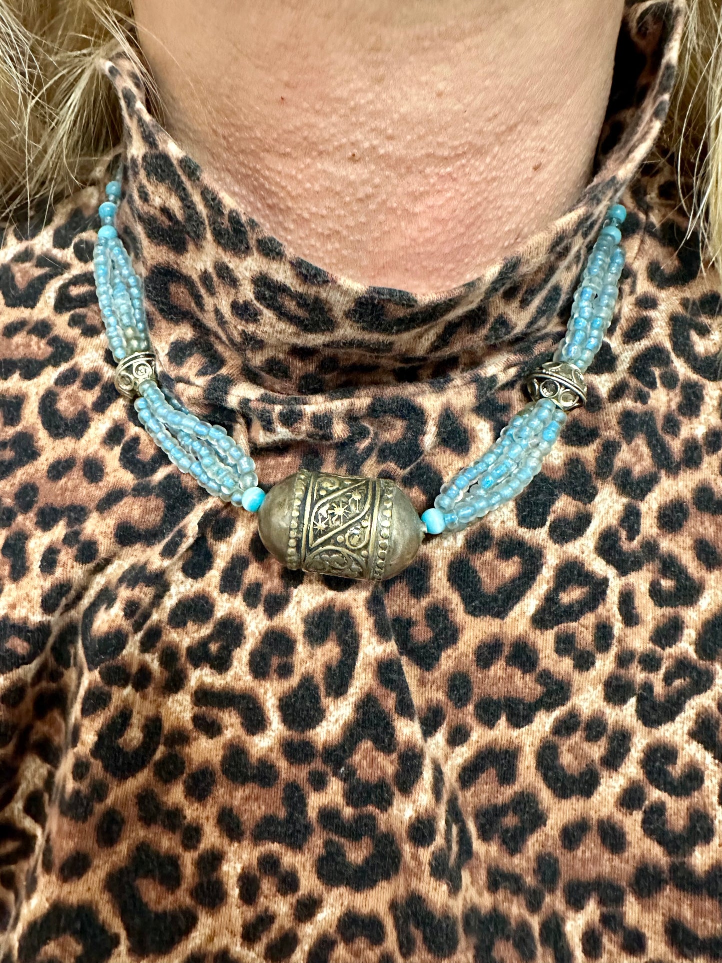 Vintage Boho Indian Blue Beads and Metal Costume Necklace