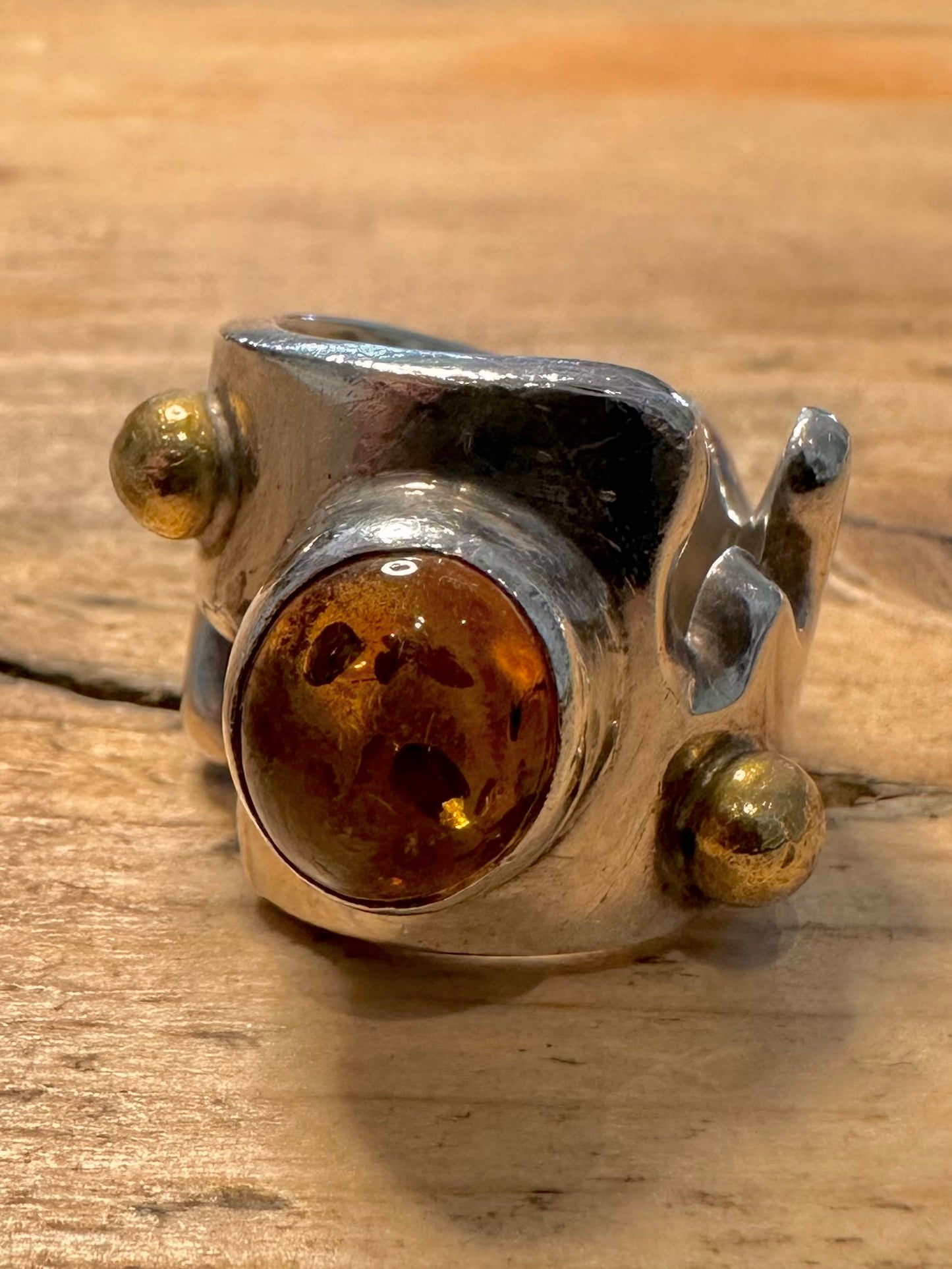 Modernist Abstract Chunky Amber Gold Ball 925 Silver Size N1/2 Ring