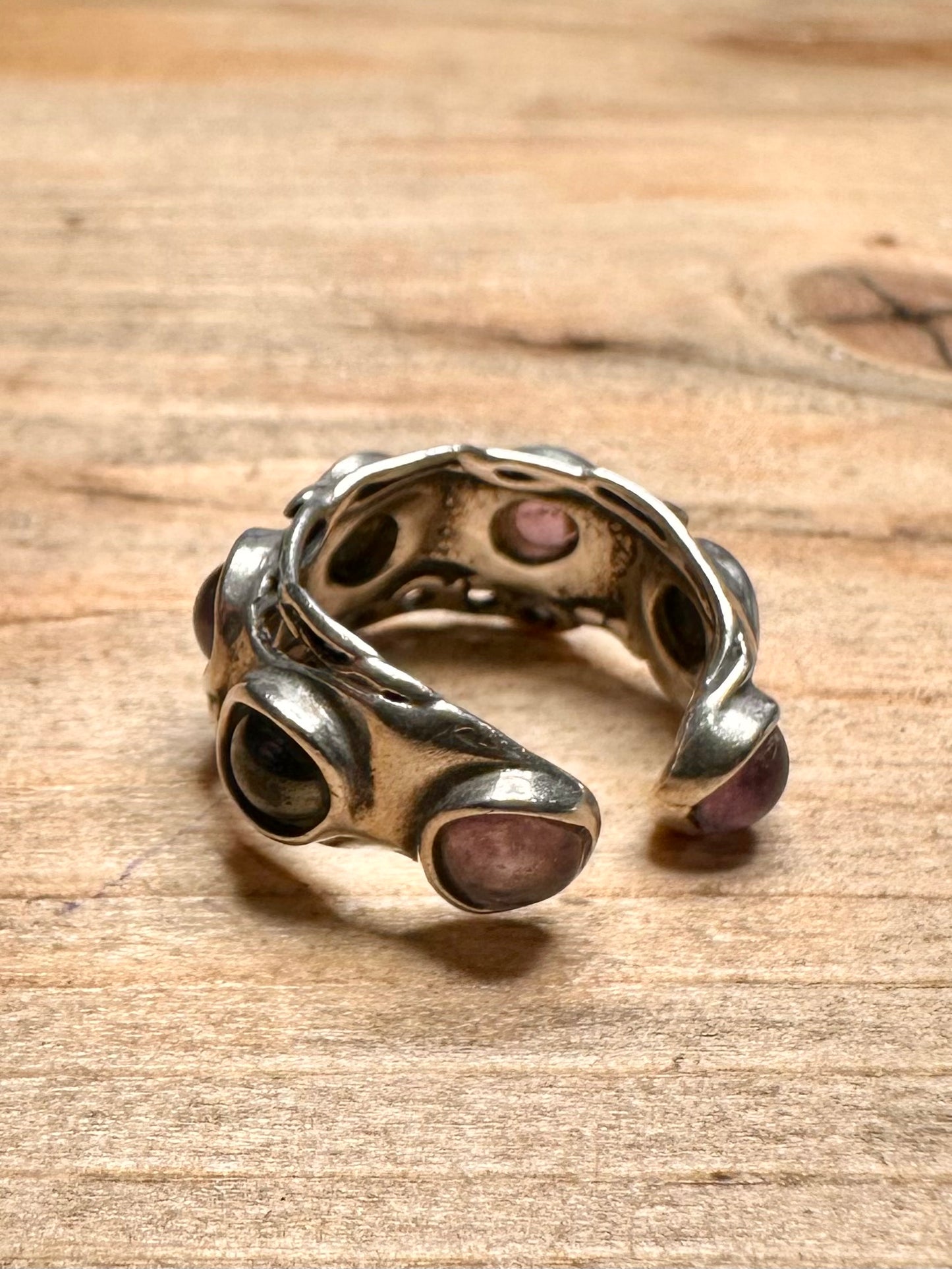 Abstract Amethyst and Black Stone Open Back 925 Silver Size J Ring
