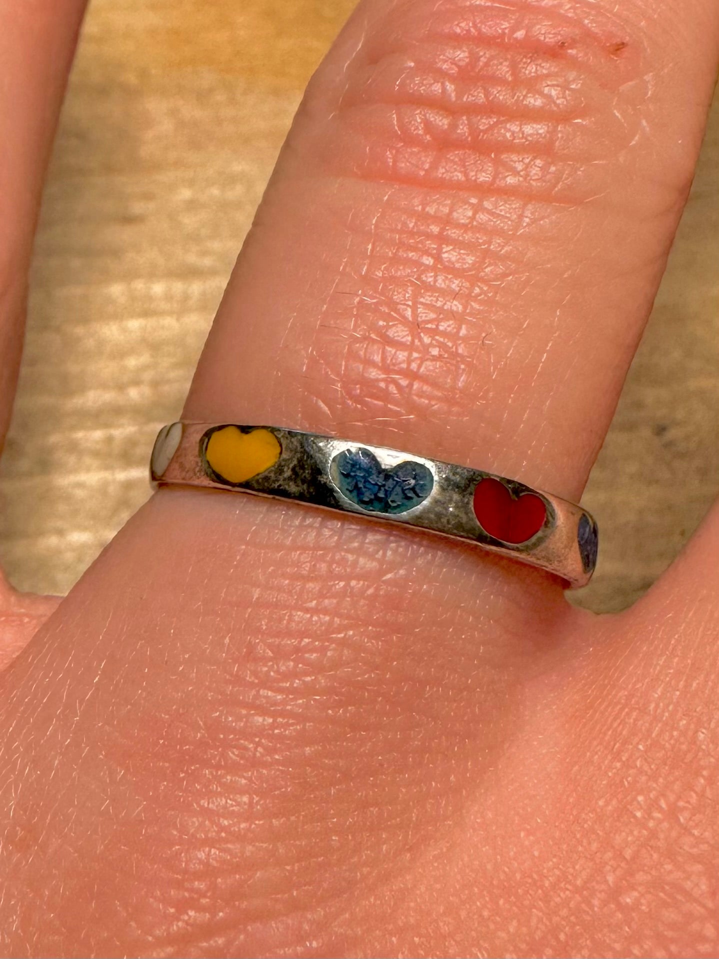 Vintage Enamel Hearts Band 925 Silver Mexico Size R1/2 Ring