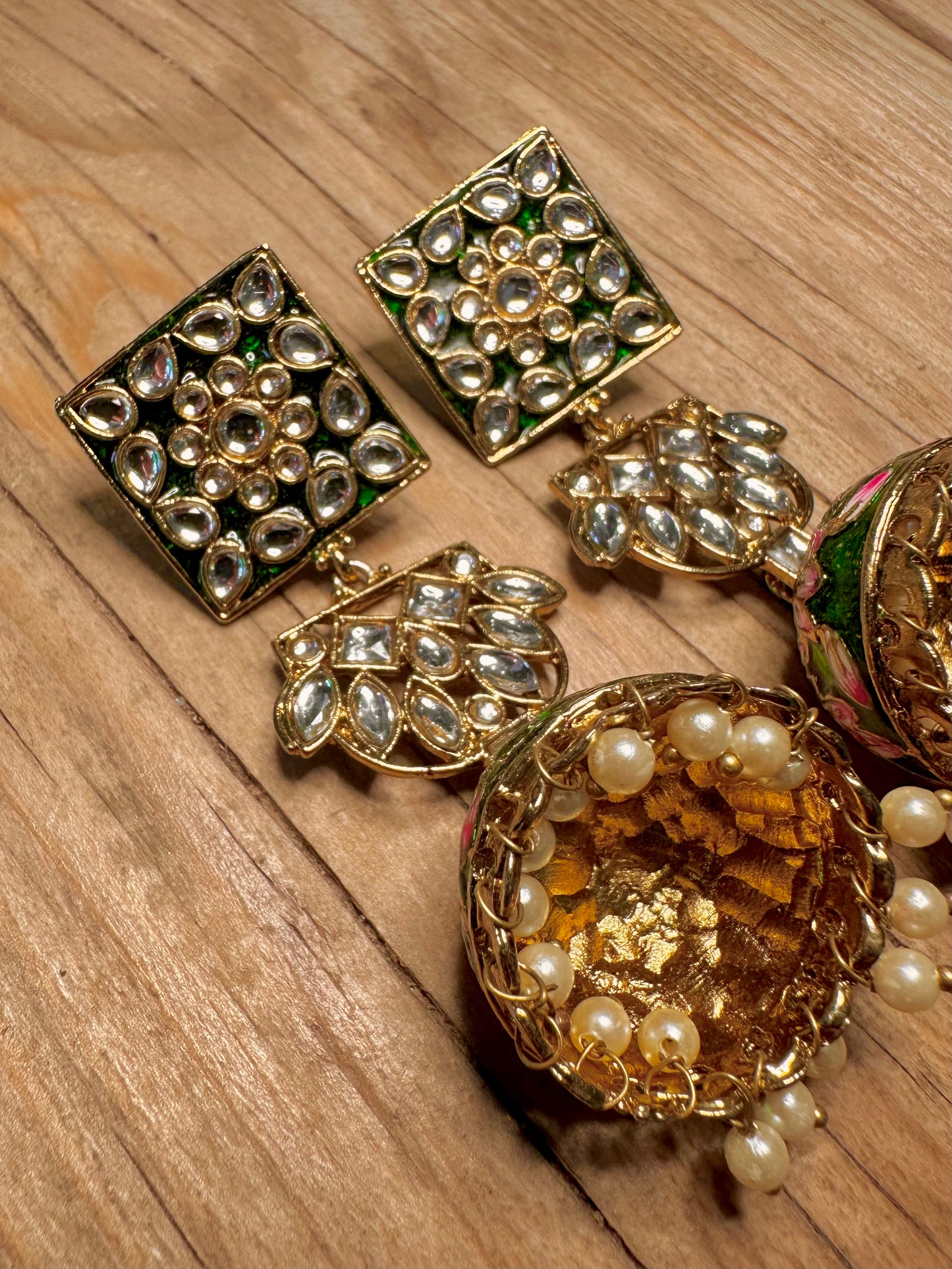 Vintage Enamel Flowers Large Dangle Gold Tone Costume Earrings