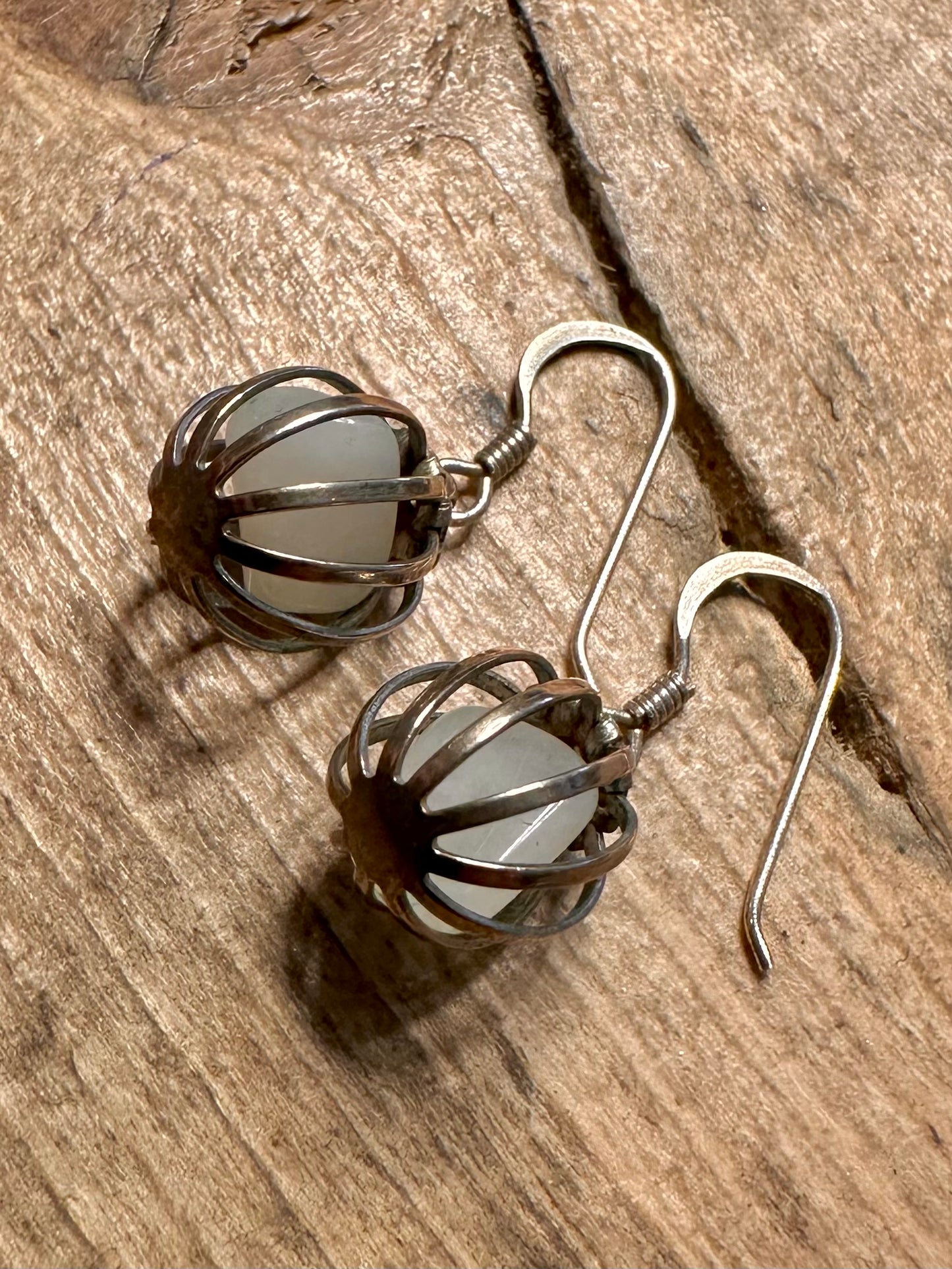 Vintage White Stone Caged 925 Silver Earrings