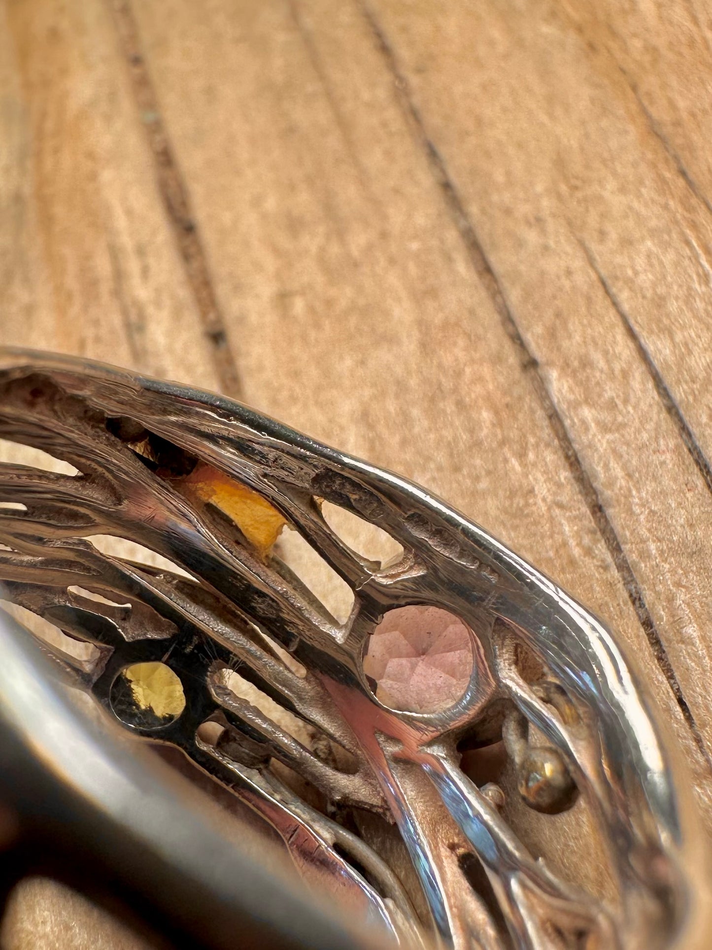 Abstract Multi Gemstone Gold Plate Parts 925 Sterling Silver Size R Ring