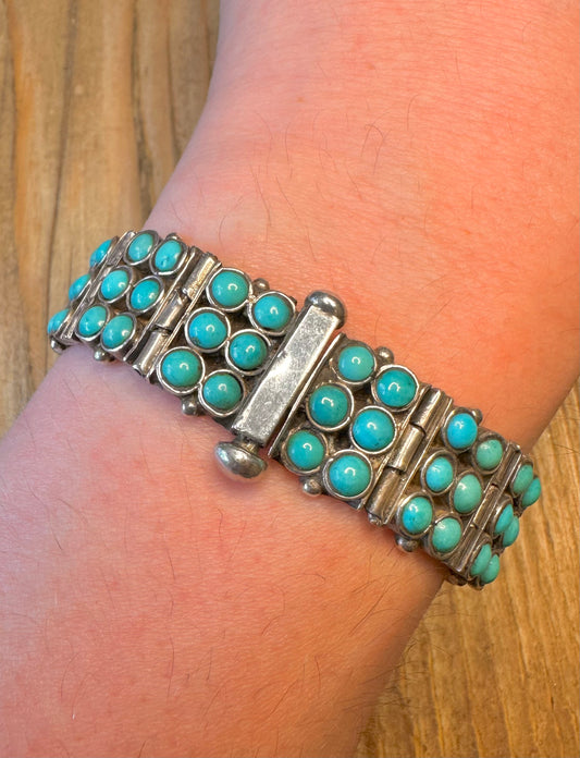 Native American Style Turquoise Three Row 925 Sterling Silver 7.2 inch Bracelet