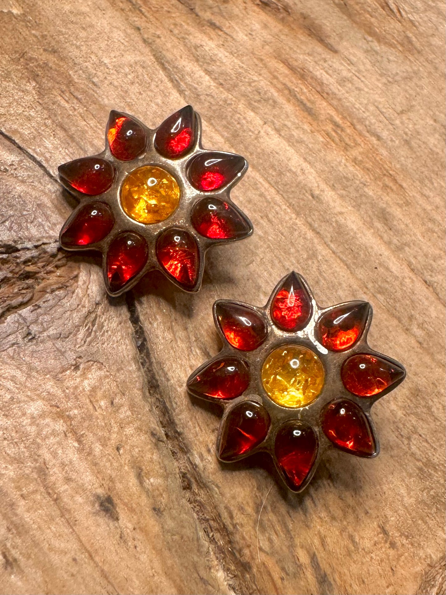 Vintage Amber Flower Poland 925 Silver Clip On Earrings