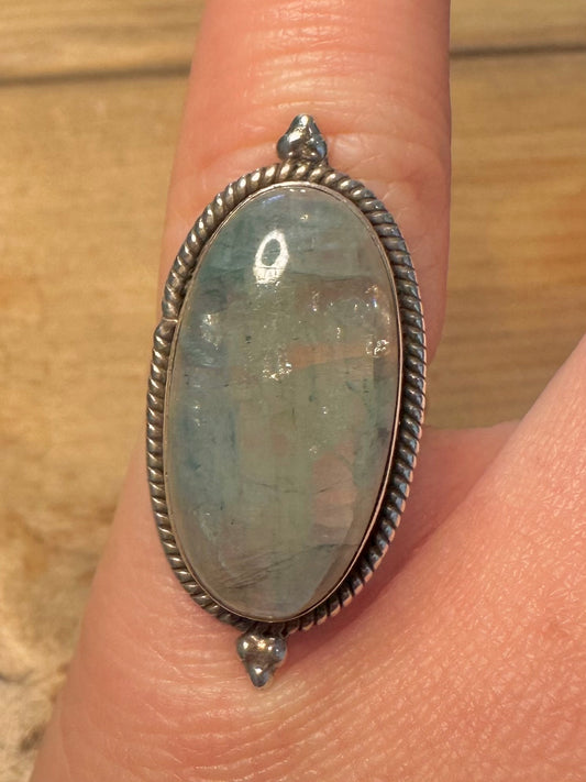 Vintage Green Quarts Oval 925 Silver Size L Ring