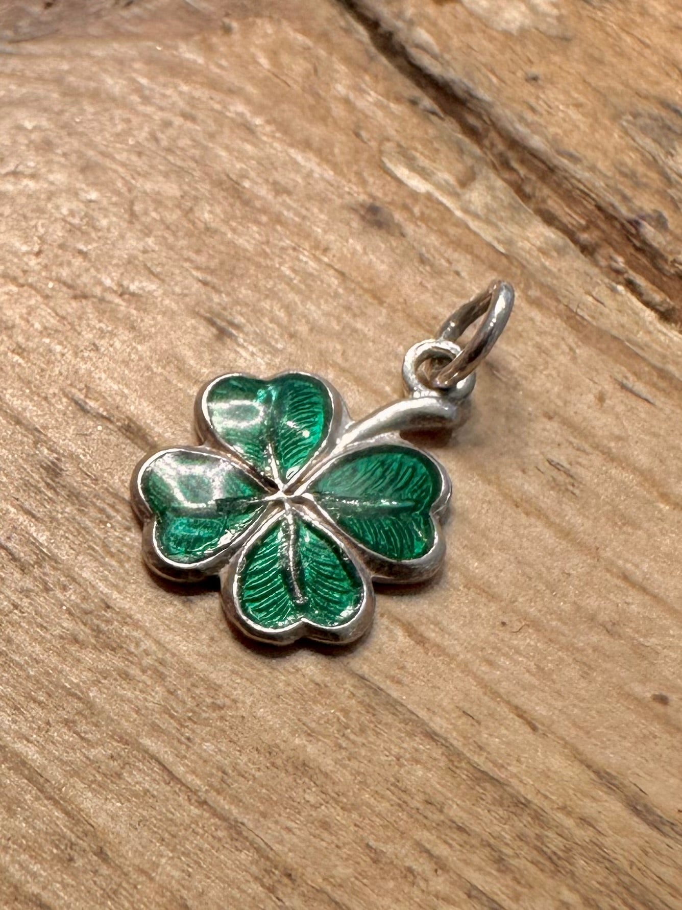 Vintage Green Enamel Four Leaf Clover 925 Silver Pendant