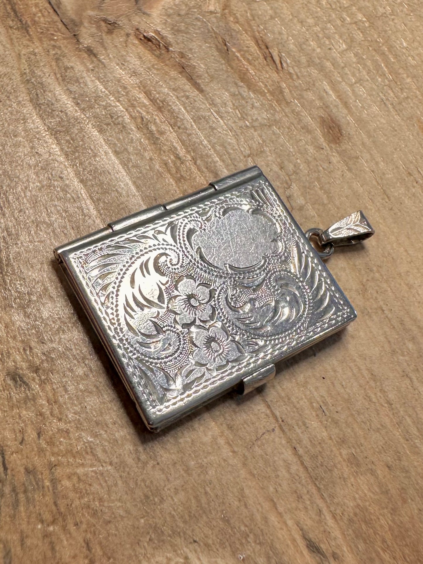 Vintage Engraved Rectangle Book 925 Silver Locket Pendant