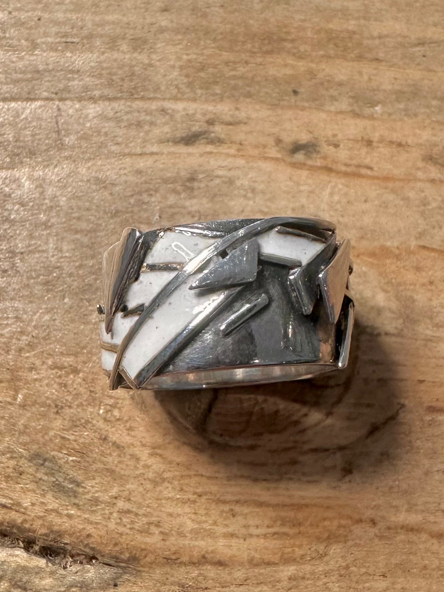 Vintage Abstract 1985 White Enamel 925 Silver Size N Ring