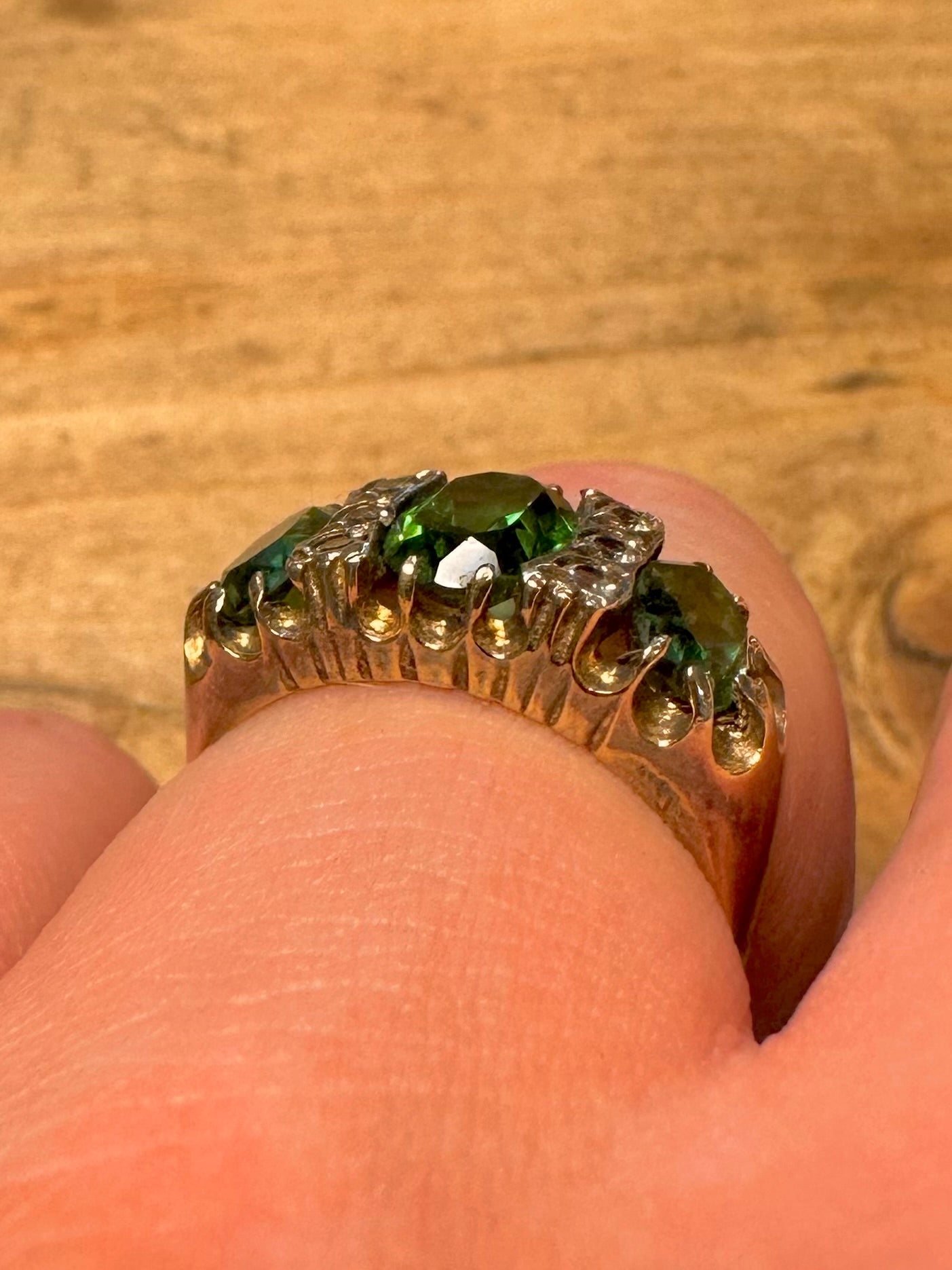 Vintage Green and White Stone Trilogy Gold on 925 Silver Size P Ring