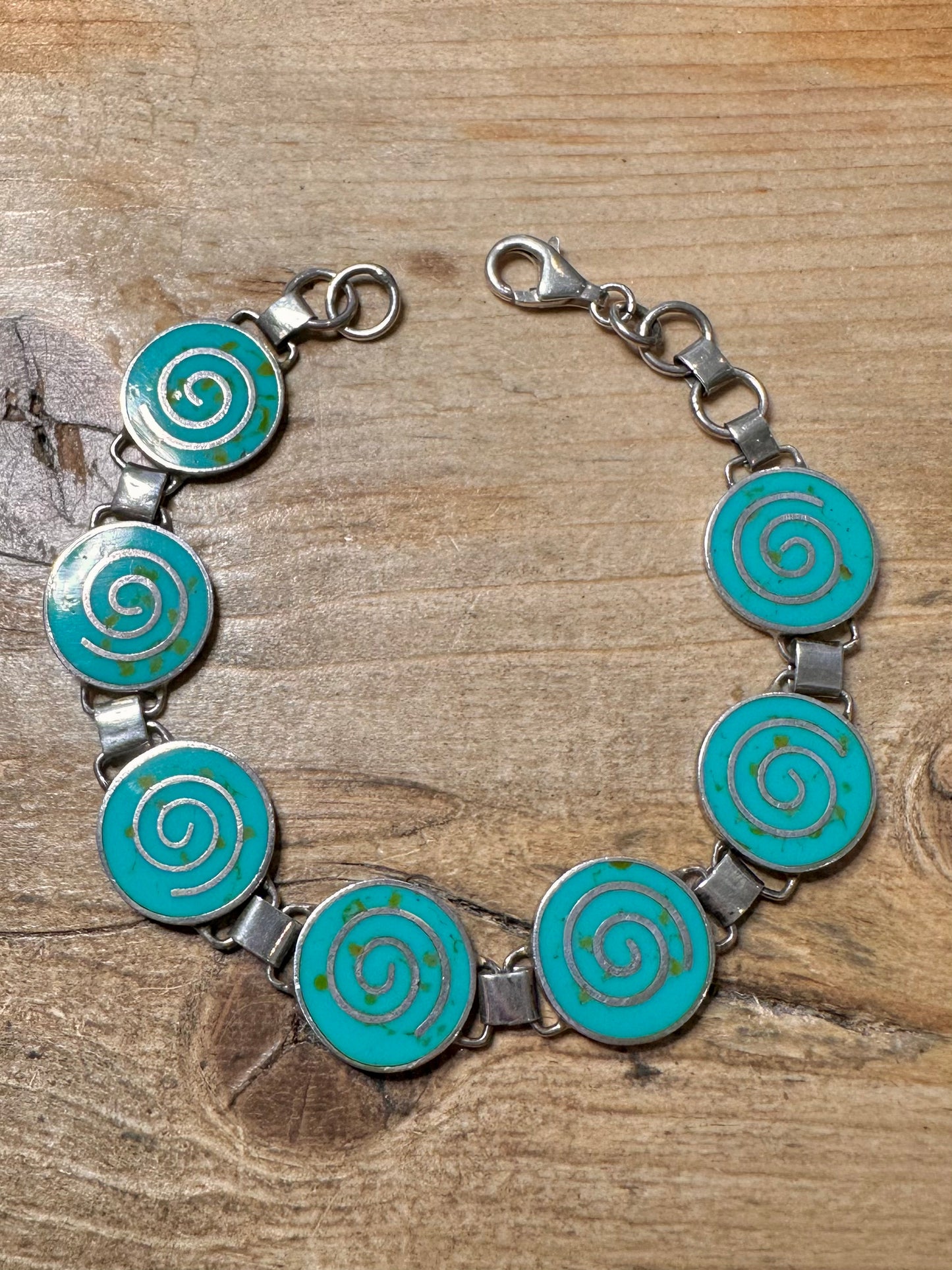 Vintage Turquoise Inlay Swirl 925 Silver 8 inch Bracelet