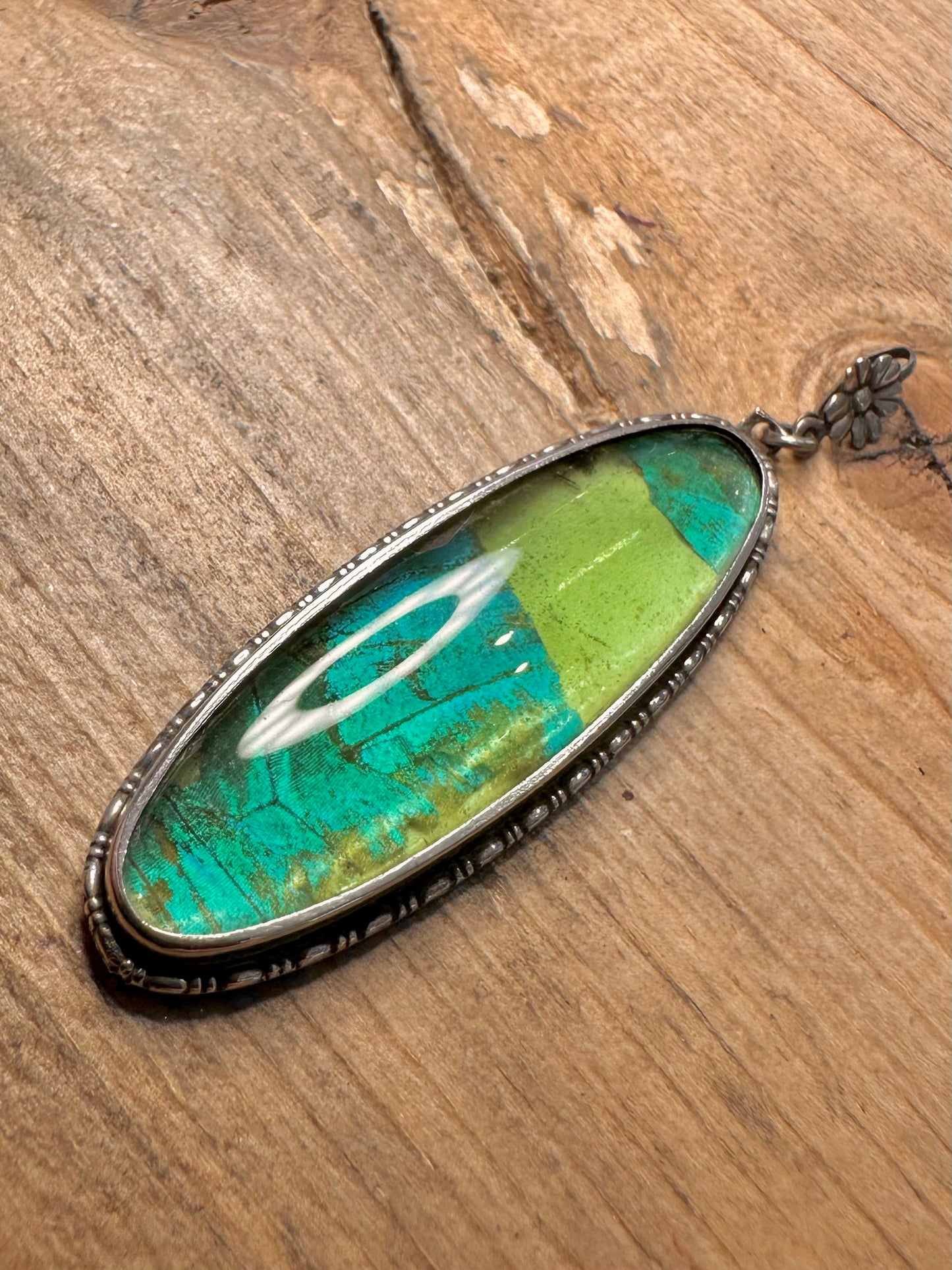 Vintage Elongated Green Foil 925 Silver PAT Number Pendant