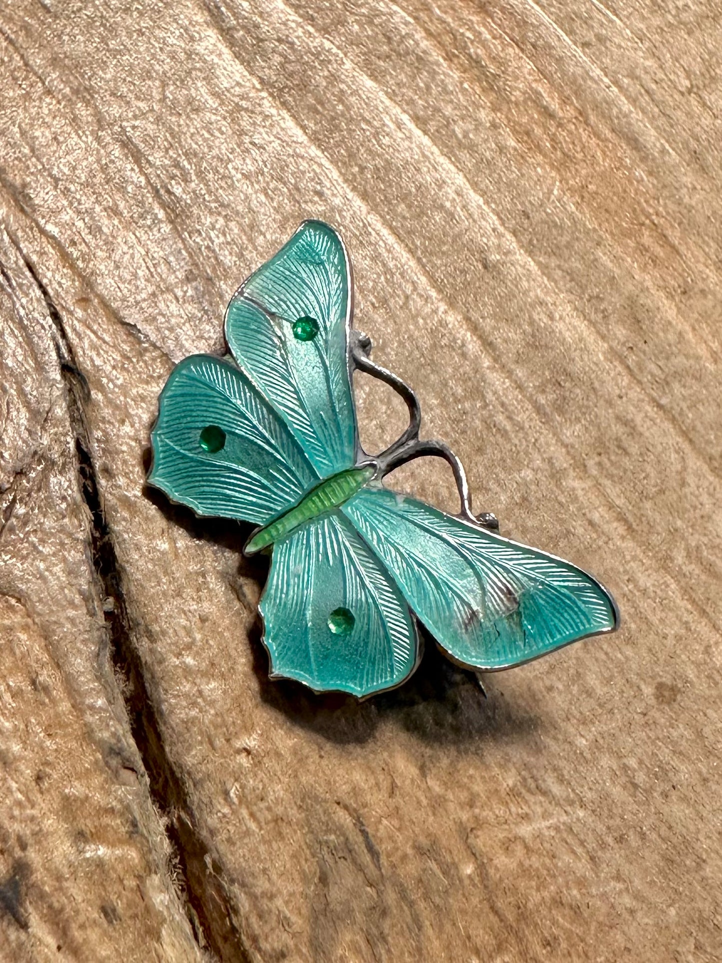 Vintage John Atkins Enamel Blue and Green Butterfly 925 Silver Brooch