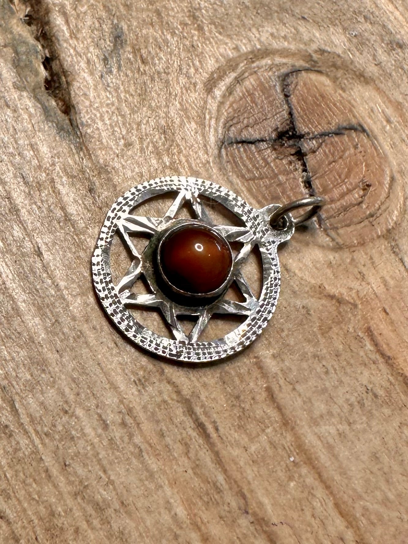 Vintage Pentacle Dark Red Stone 925 Silver Pendant