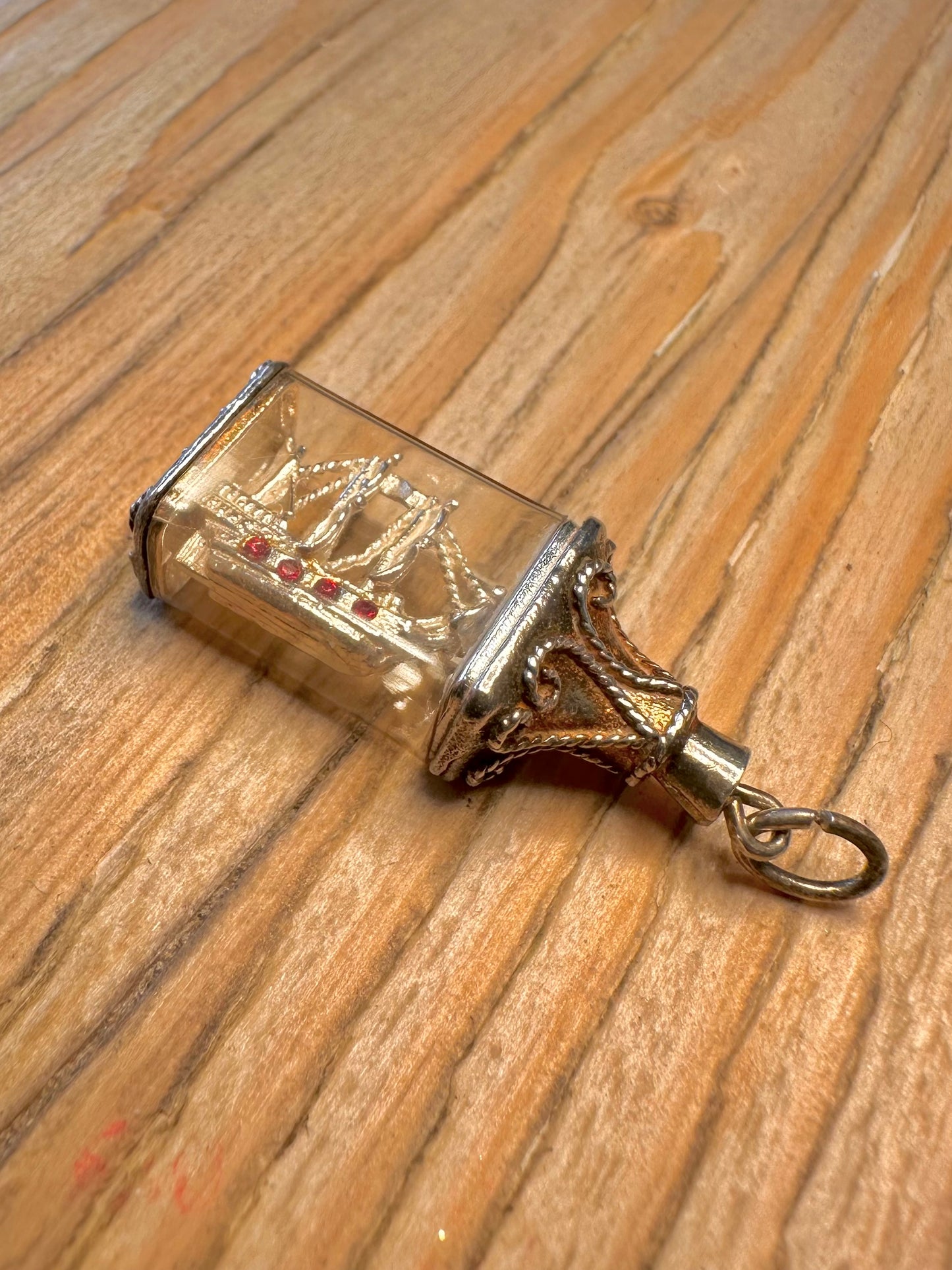 Vintage Nuvo Ship in Bottle Red Stone 925 Sterling Silver Charm Pendant
