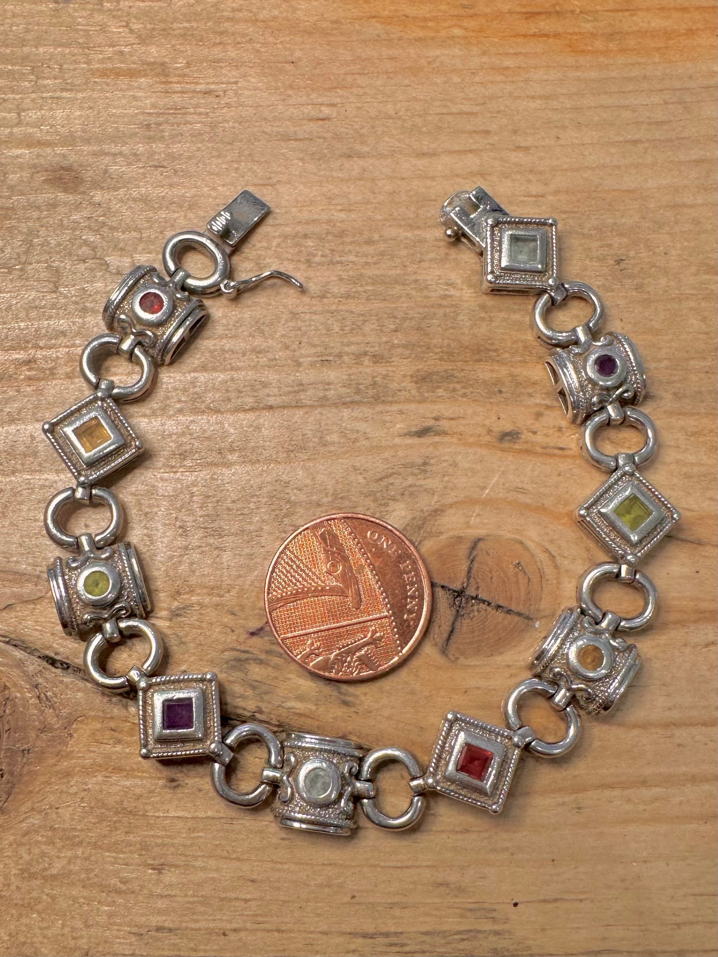 Vintage Multi Gemstone Shaped 925 Silver 7.6 inch Bracelet