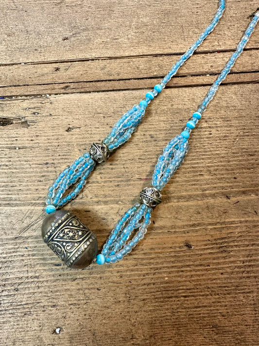 Vintage Boho Indian Blue Beads and Metal Costume Necklace