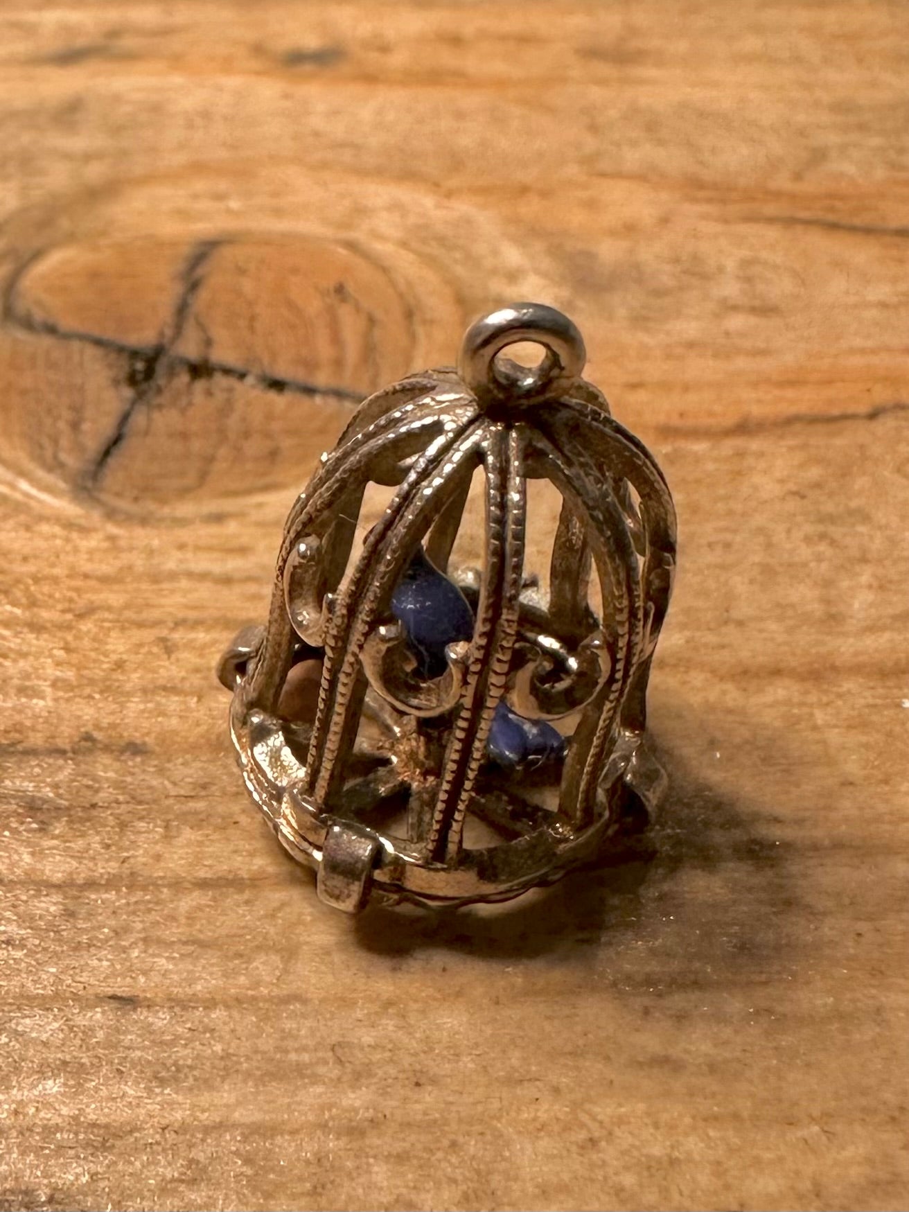 Vintage Enamel Blue Bird in Cage 925 Silver Charm Pendant