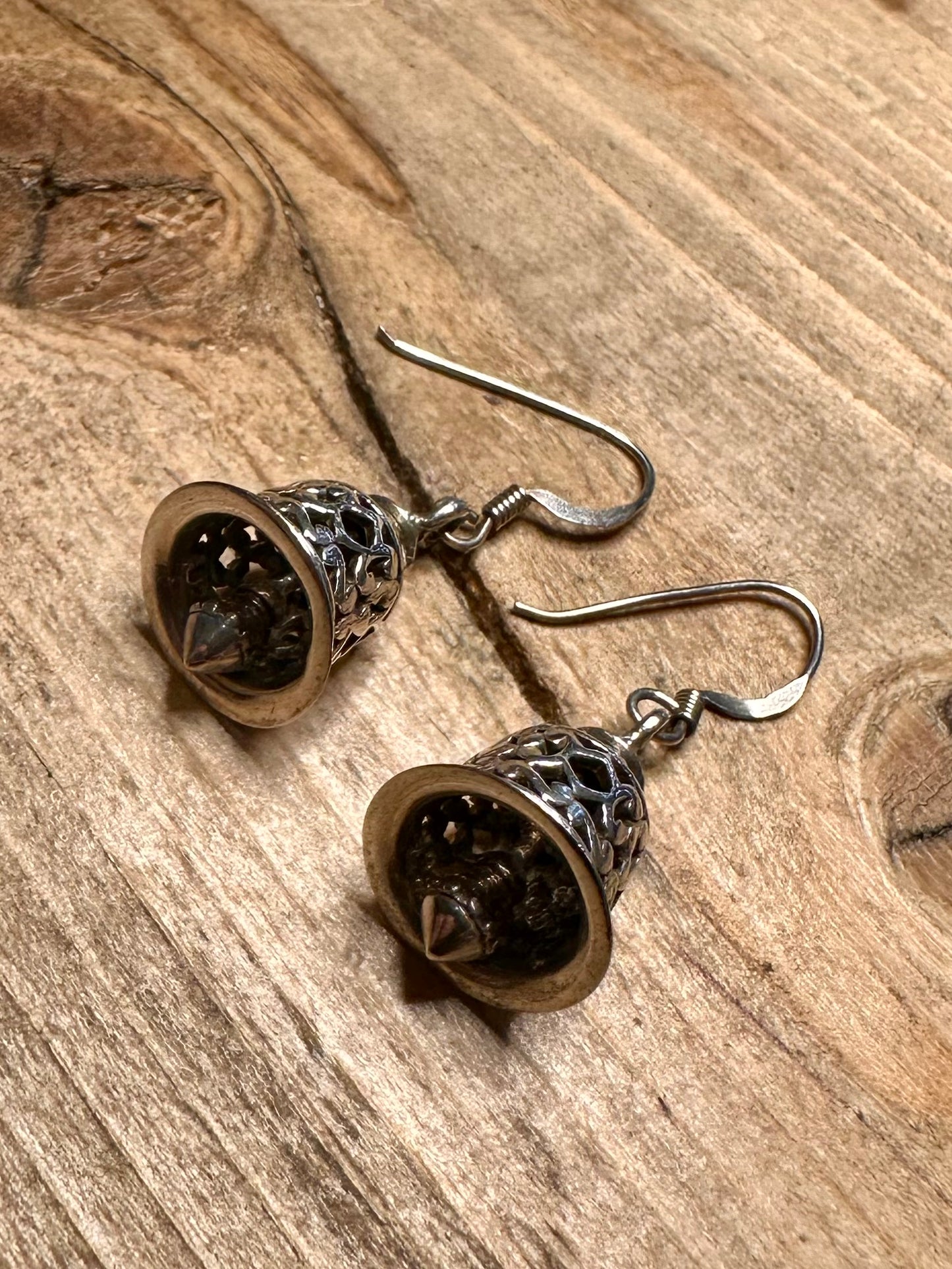 Vintage Ornate Bell Dangle 925 Silver Earrings