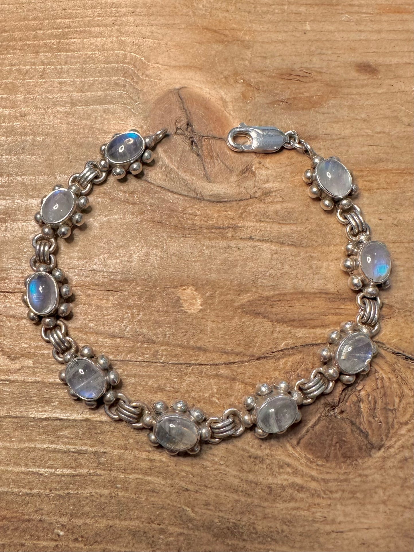 Vintage Boho Moonstone Indian 925 Silver 7.1 inch Bracelet