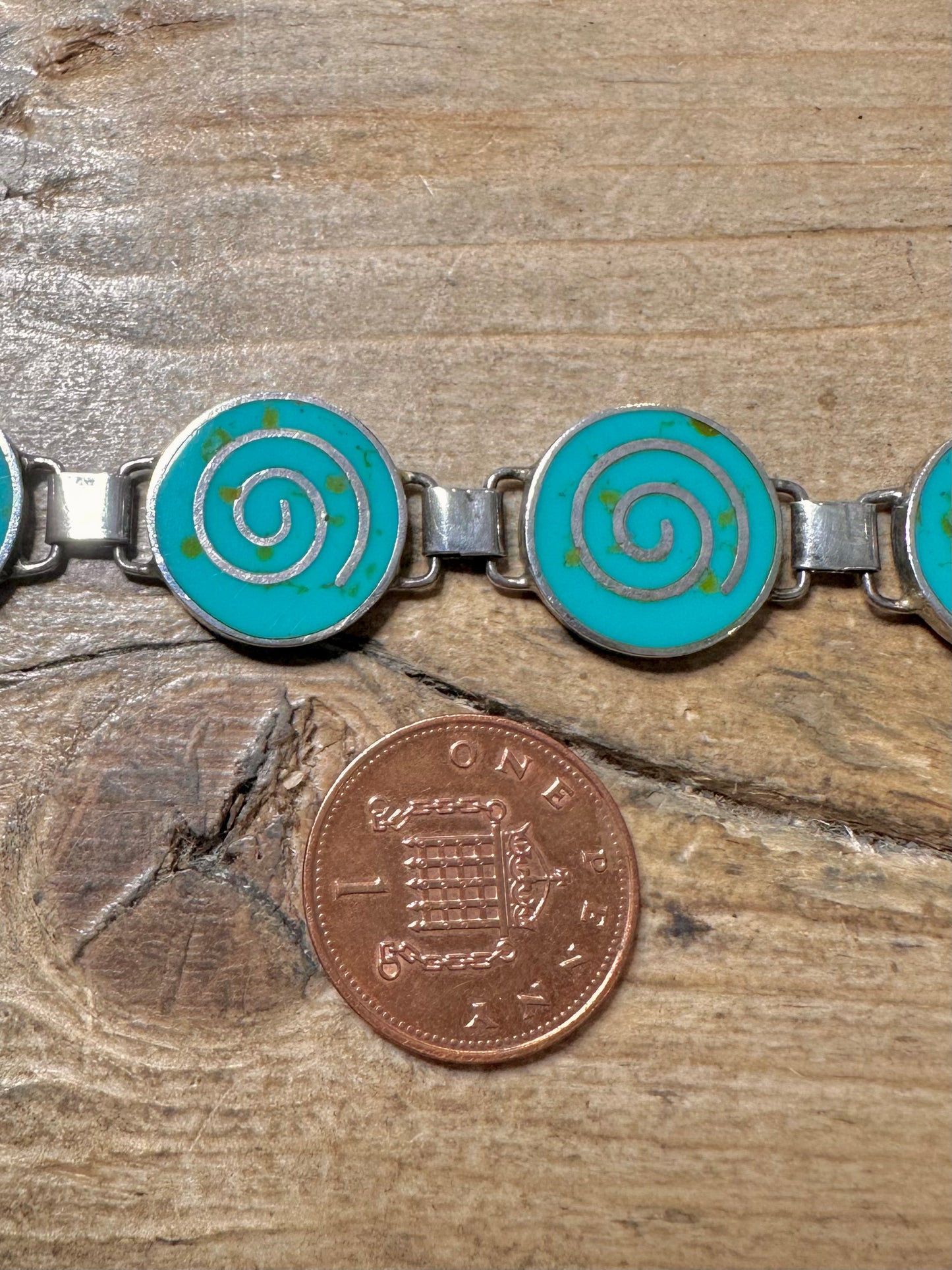 Vintage Turquoise Inlay Swirl 925 Silver 8 inch Bracelet